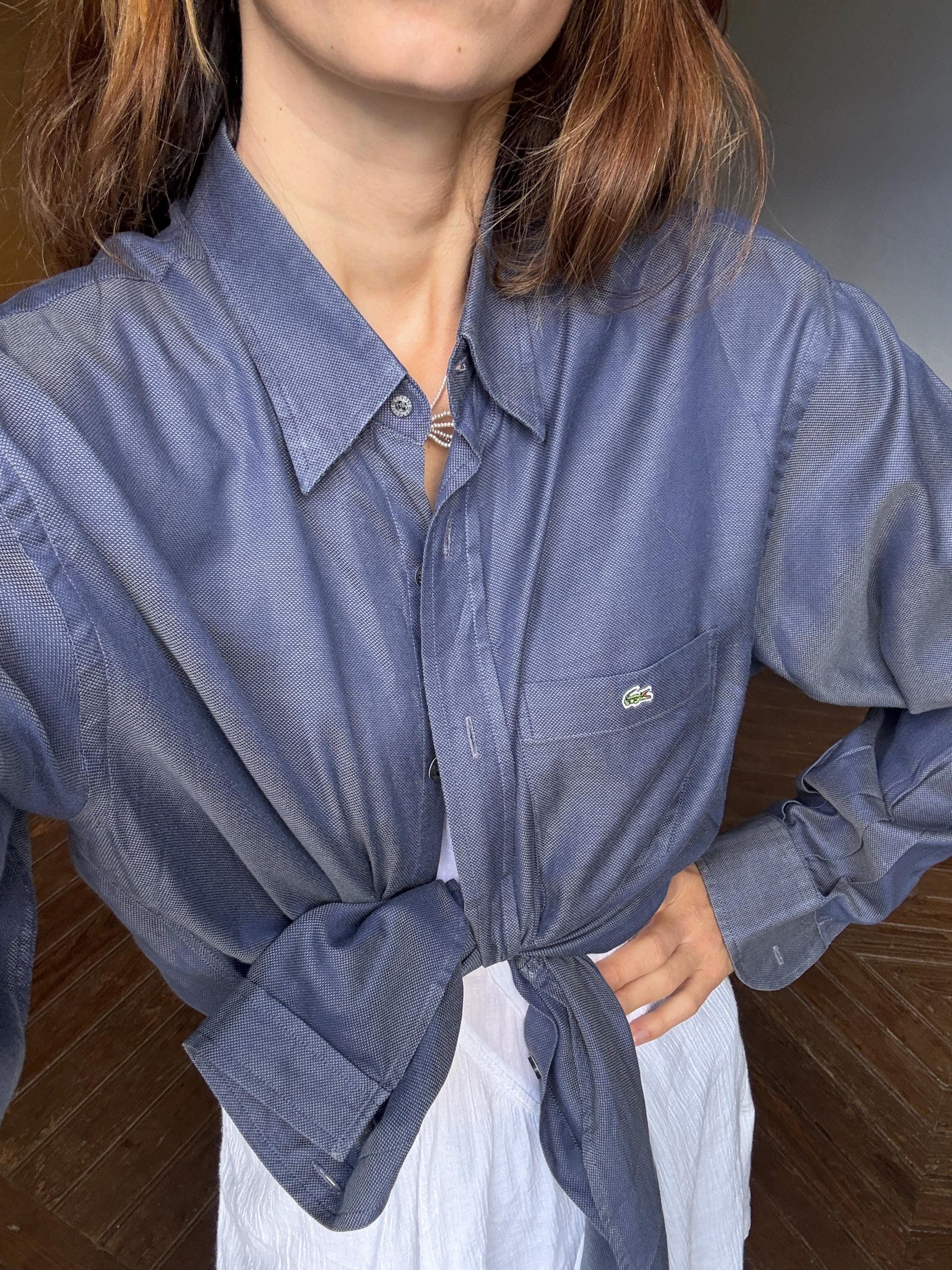 Vintage Lacoste Button Down Shirt – Classic Blue Long Sleeve Shirt, Crocodile Logo, Unisex Preppy Style