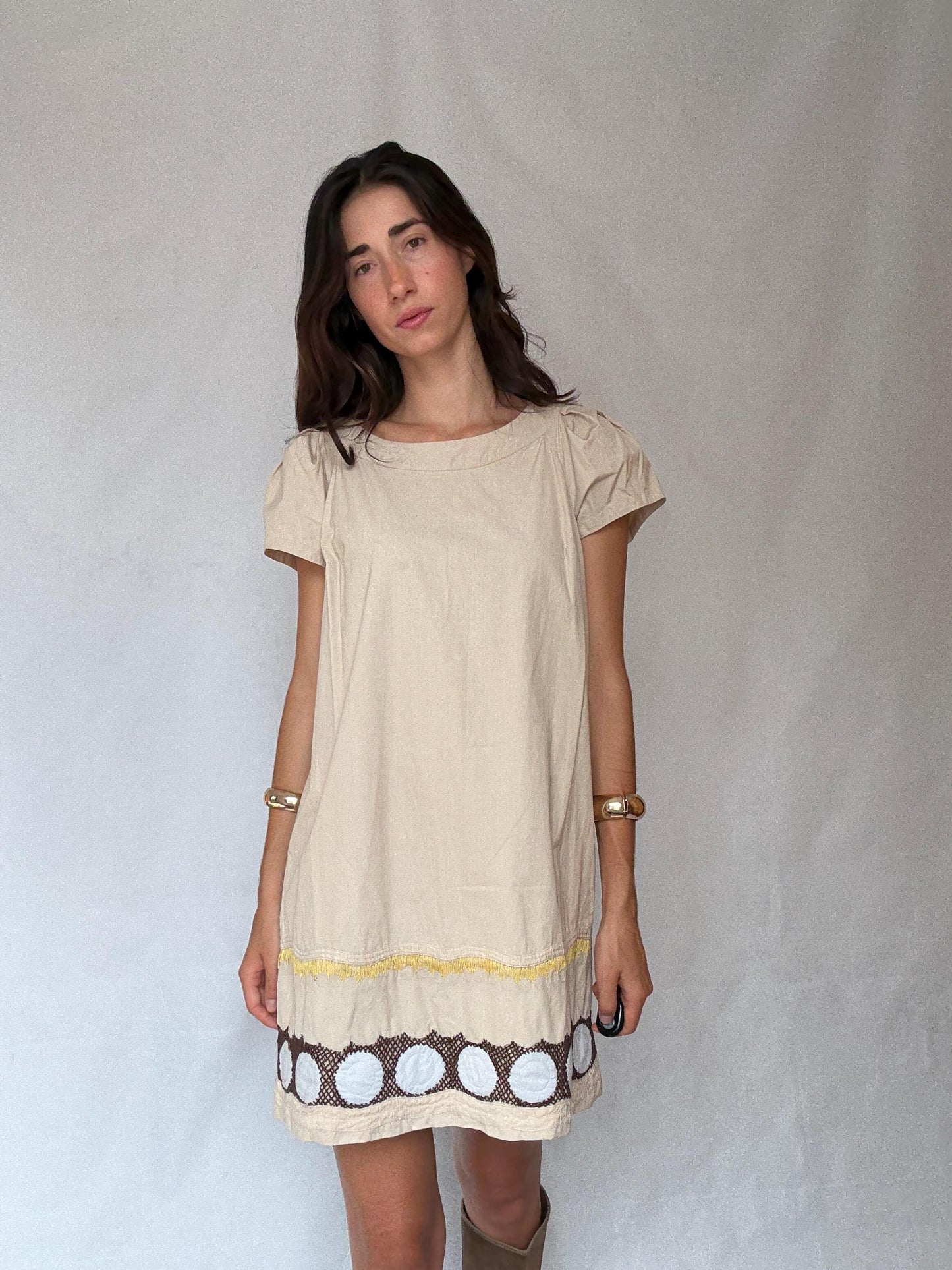 Simple and playful short woman dress, Beige Hoss Intropia beige cotton-silk summer mini dress – size 42 -M - L