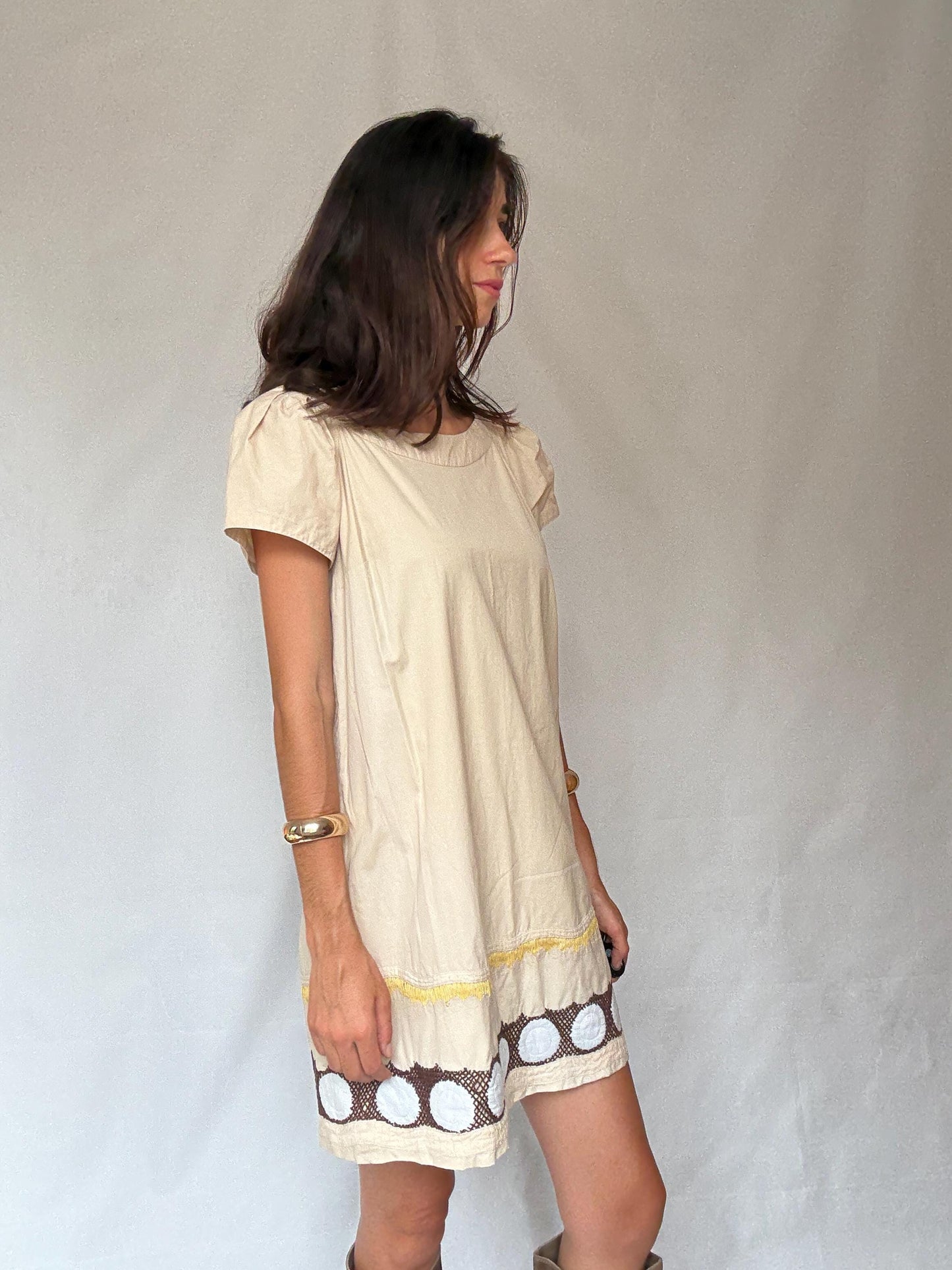 Simple and playful short woman dress, Beige Hoss Intropia beige cotton-silk summer mini dress – size 42 -M - L