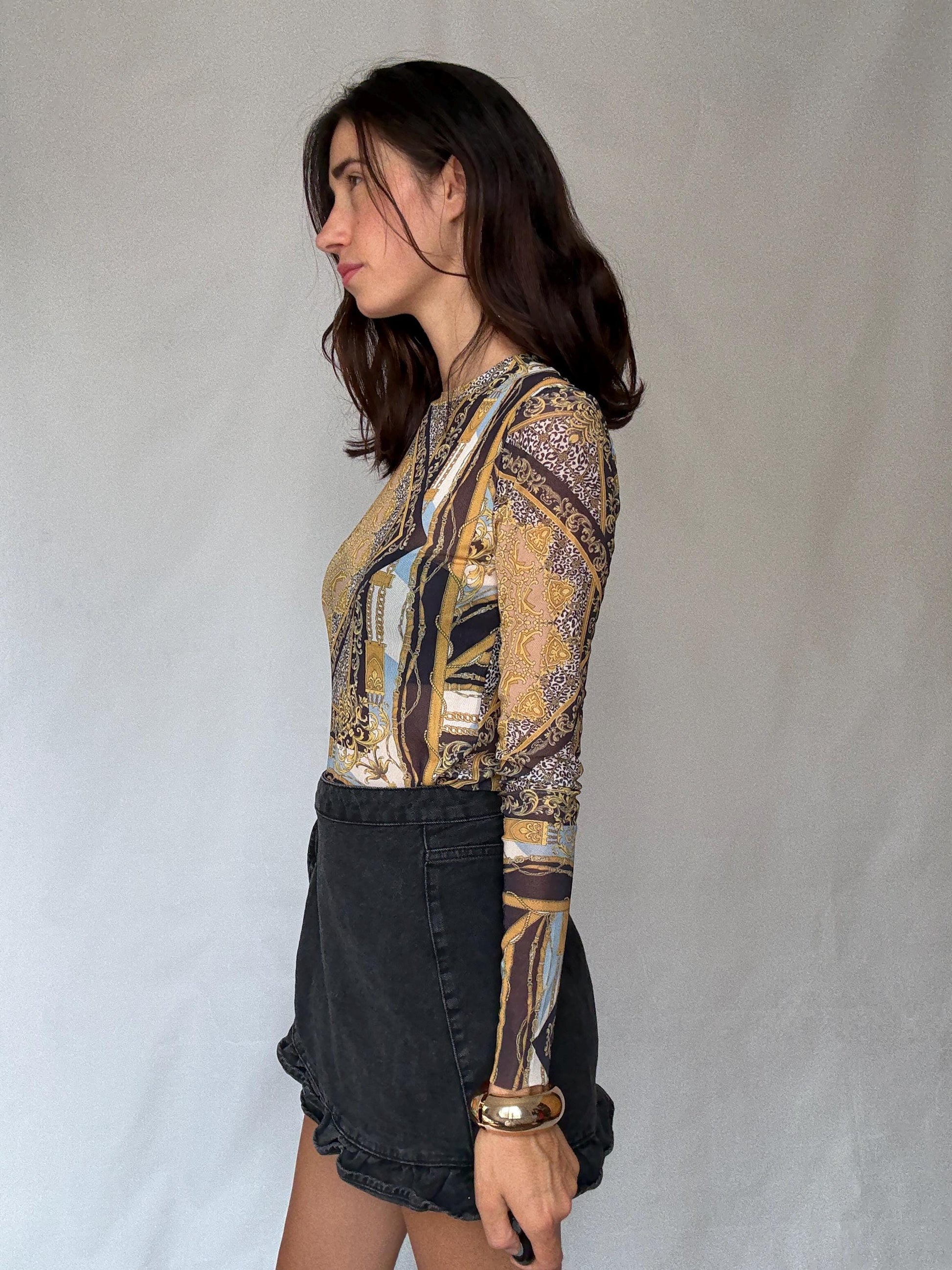 Y2K sheer baroque print mesh long sleeve women’s top – gold black blue vintage style (US S-M fit)
