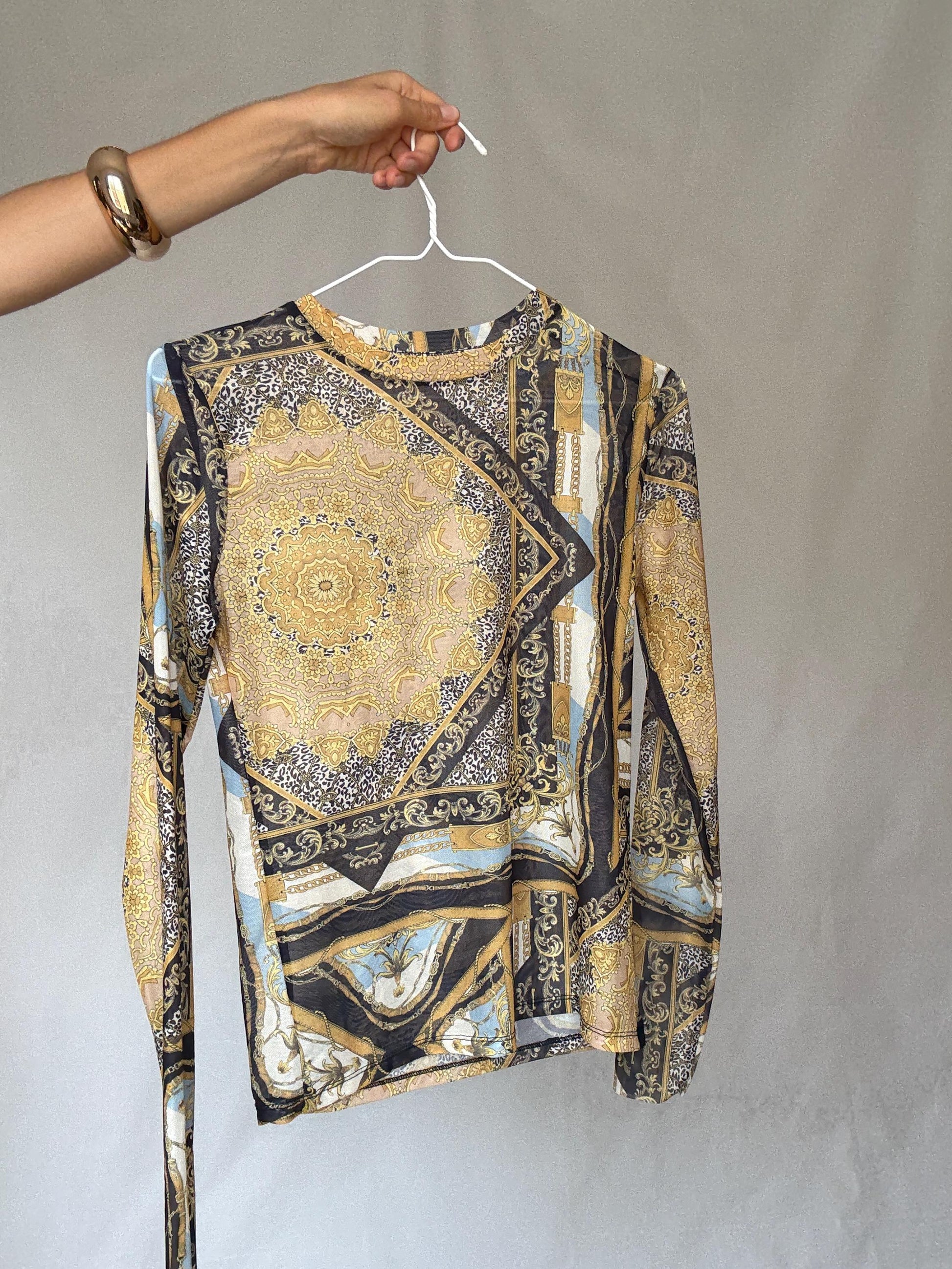 Y2K sheer baroque print mesh long sleeve women’s top – gold black blue vintage style (US S-M fit)