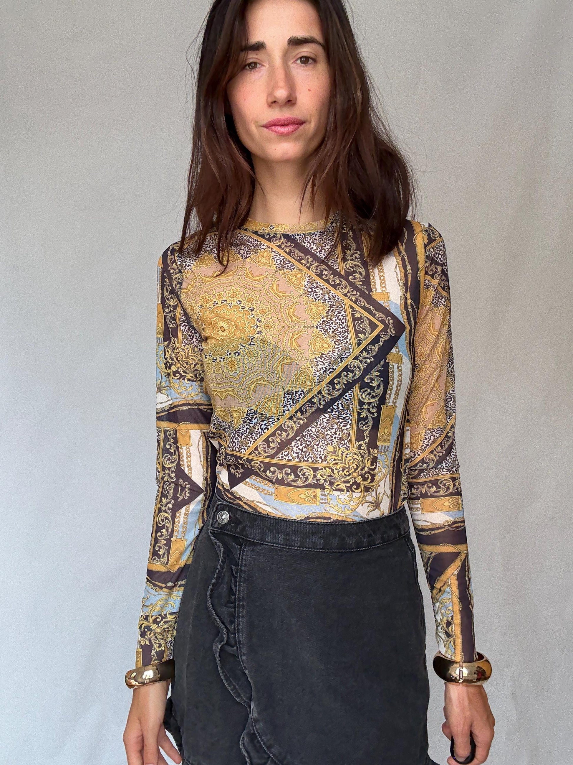 Y2K sheer baroque print mesh long sleeve women’s top – gold black blue vintage style (US S-M fit)