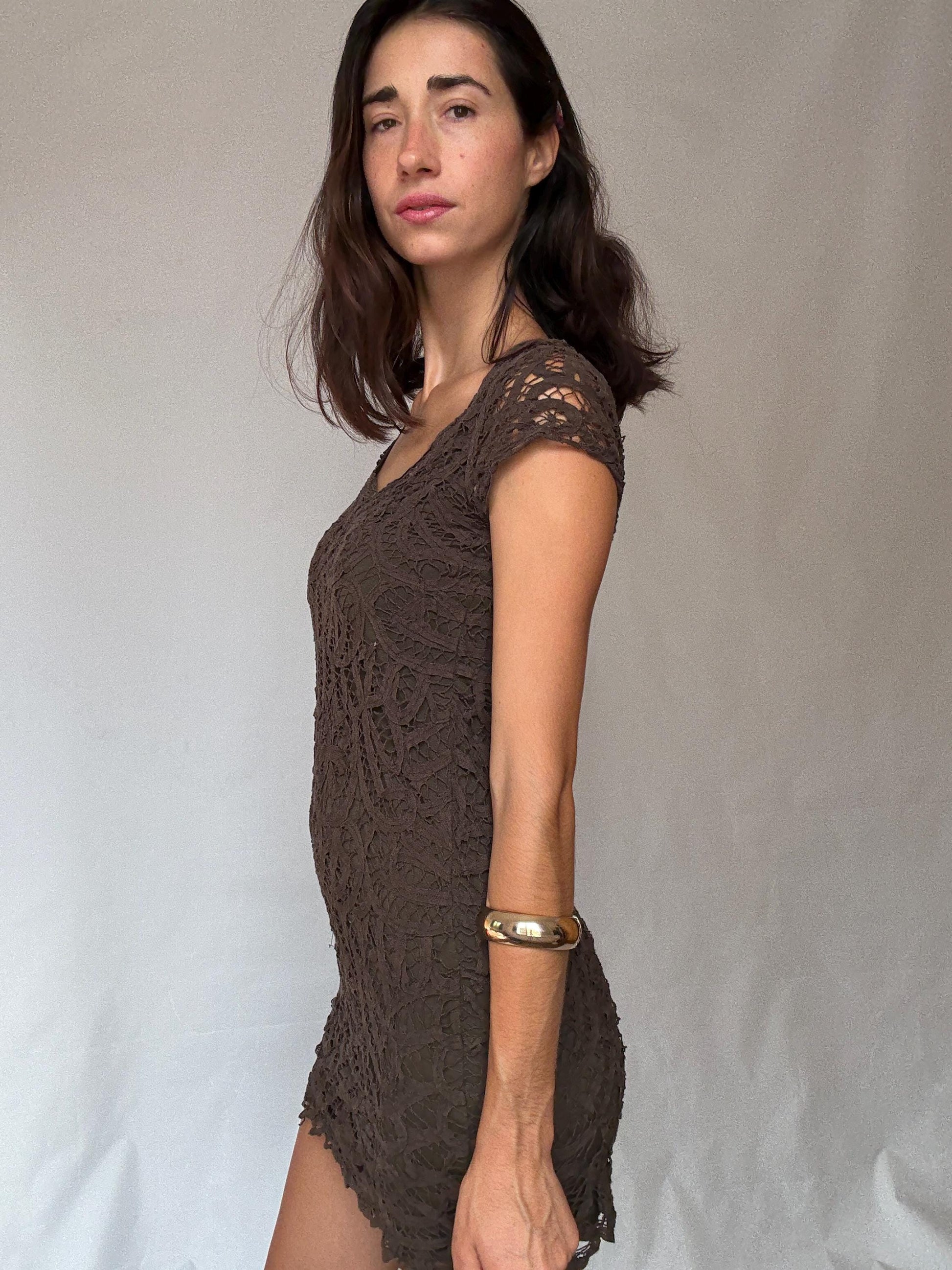 Brown lace mini dress – sheer crochet overlay – Sexy women’s party dress (S fit)