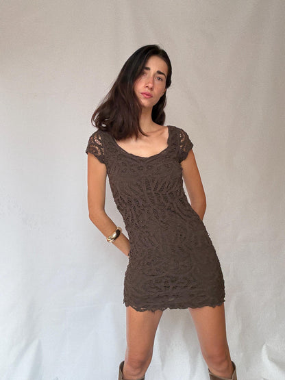Brown lace mini dress – sheer crochet overlay – Sexy women’s party dress
