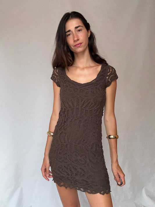 Brown lace mini dress – sheer crochet overlay – Sexy women’s party dress (S fit)