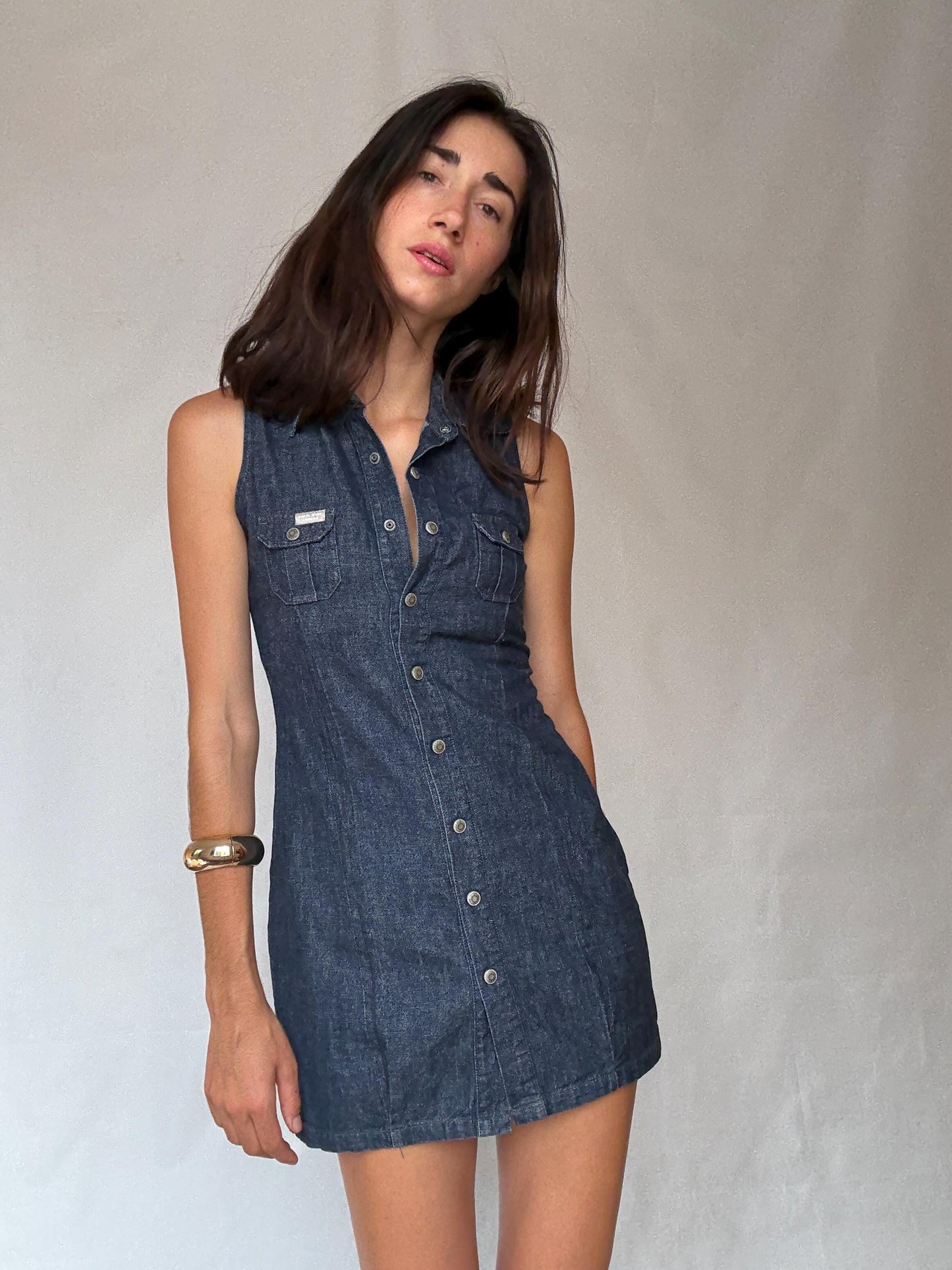 Pepe Jeans London denim mini dress – sleeveless button-up cotton dress – size S
