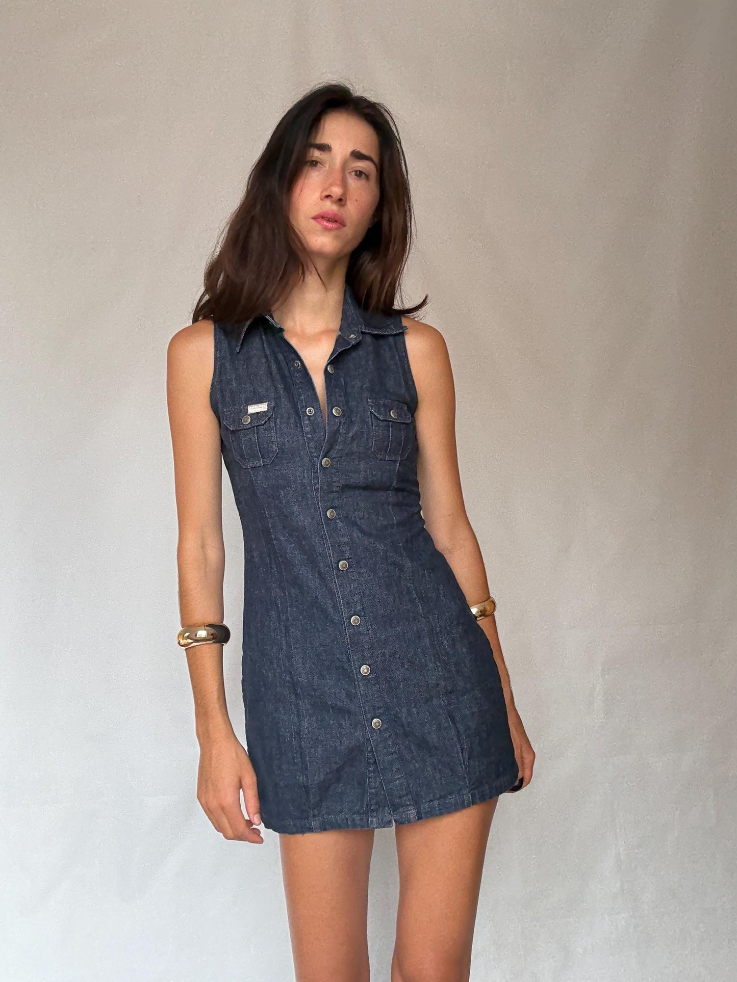 Pepe Jeans London denim mini dress – sleeveless button-up cotton dress – size S
