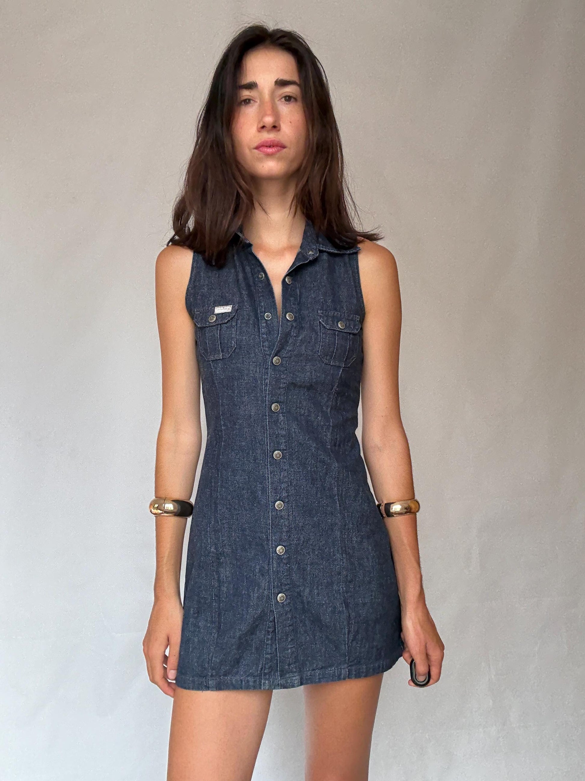 Pepe Jeans London denim mini dress – sleeveless button-up cotton dress – size S