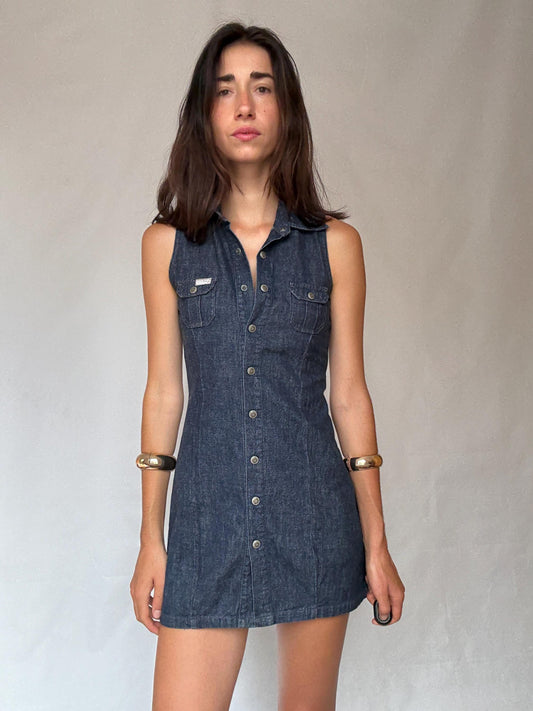 Pepe Jeans London denim mini dress – sleeveless button-up cotton dress – size S