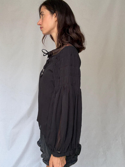 Elegant Black Sheer Blouse with Lace Details for a Gothic Romantic Style