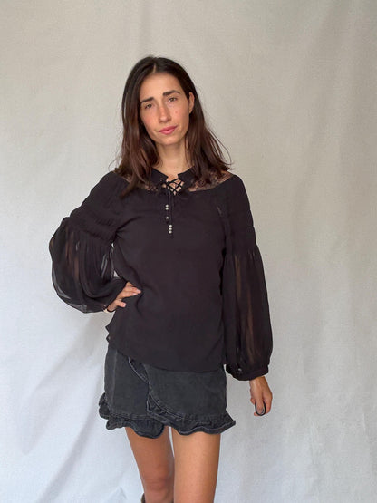 Elegant Black Sheer Blouse with Lace Details for a Gothic Romantic Style