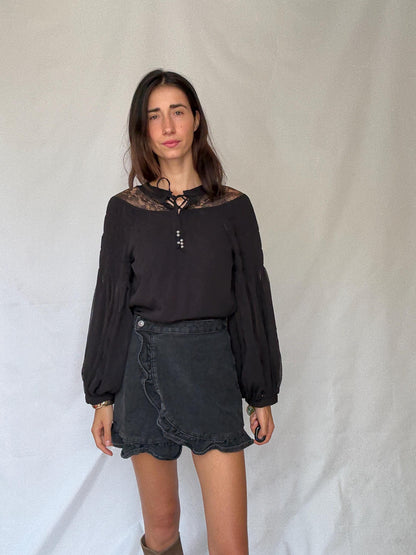 Elegant Black Sheer Blouse with Lace Details for a Gothic Romantic Style
