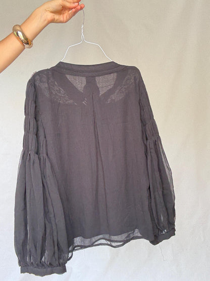 Elegant Black Sheer Blouse with Lace Details for a Gothic Romantic Style