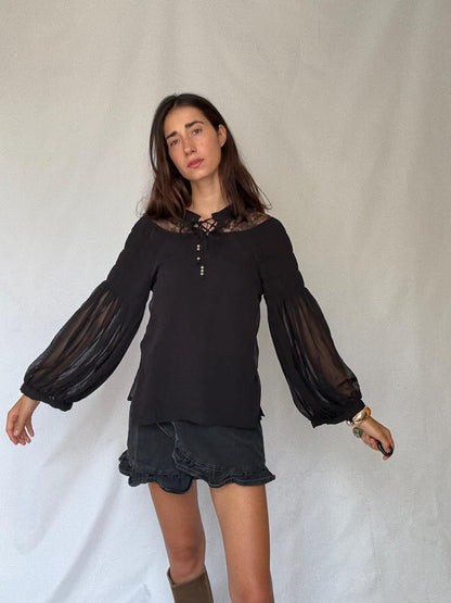 Elegant Black Sheer Blouse with Lace Details for a Gothic Romantic Style