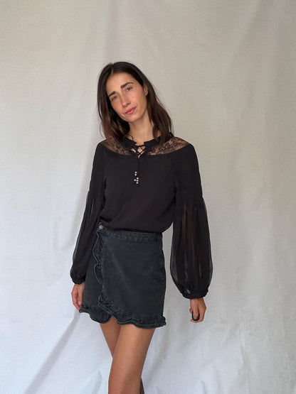 Elegant Black Sheer Blouse with Lace Details for a Gothic Romantic Style