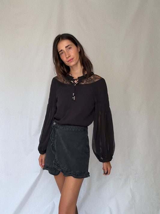 Elegant Black Sheer Blouse with Lace Details for a Gothic Romantic Style – Perfect for Indie Sleaze and Dark Academic Aesthetic