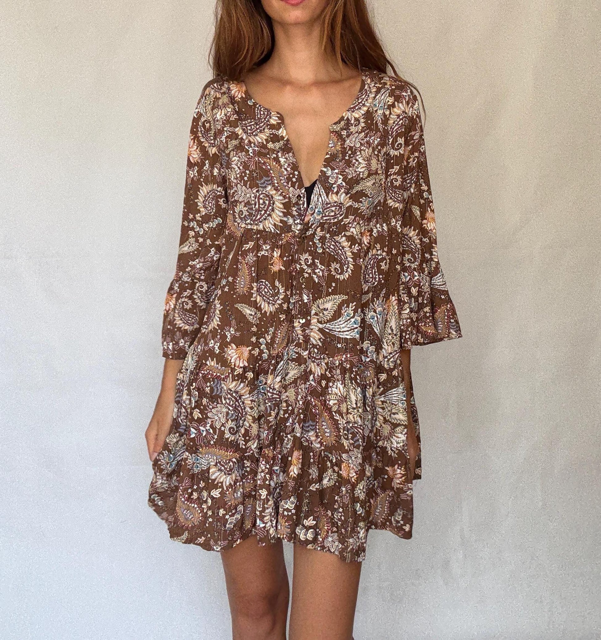 Desert Bloom Mini Dress – Vintage Boho Gold Threaded Floral summer wear(M/L)