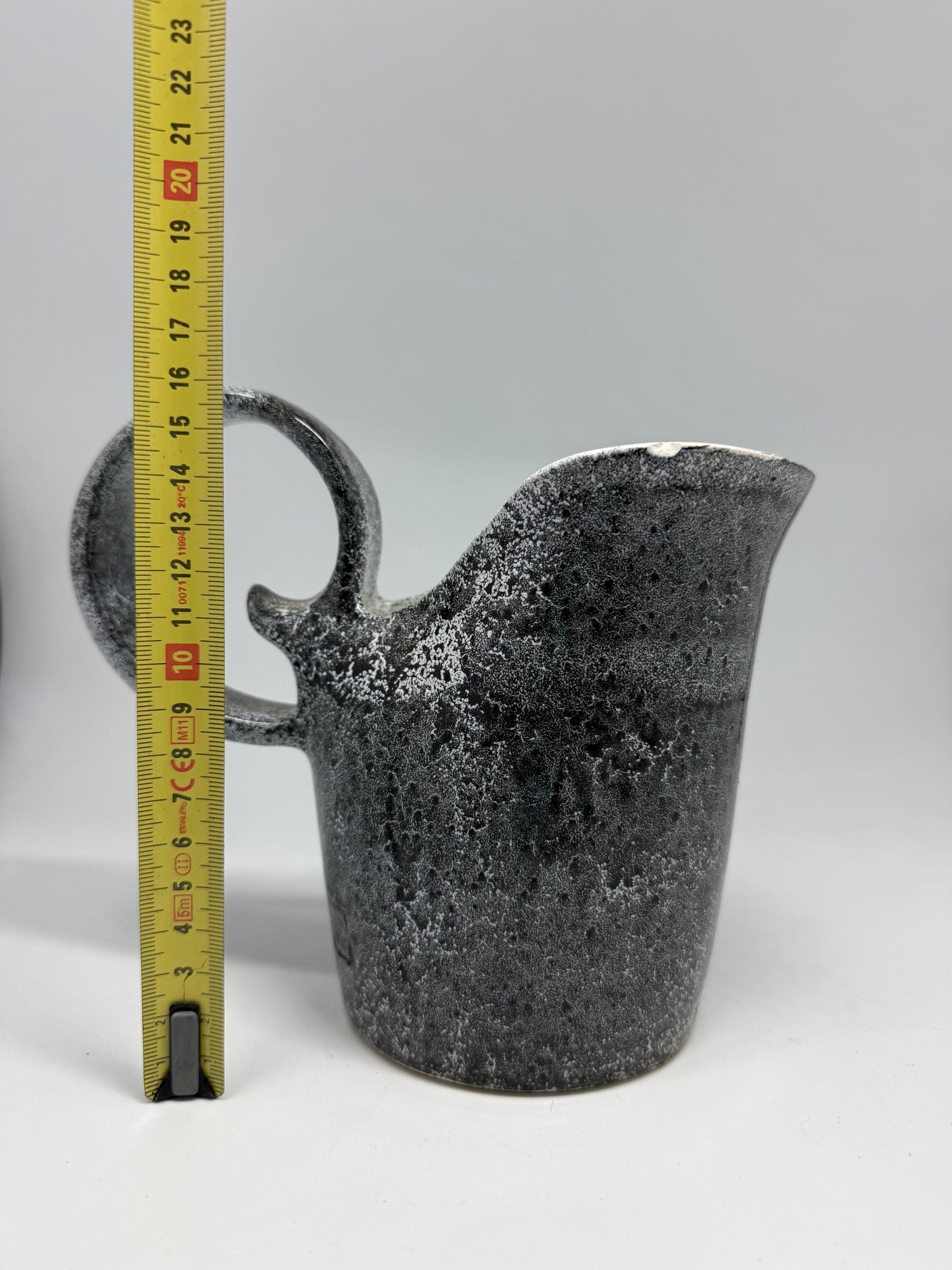 Vintage charcoal speckled ceramic creamer pitcher – sculptural swirl handle – 15cm tall – 10cm top width – rustic kitchen decor