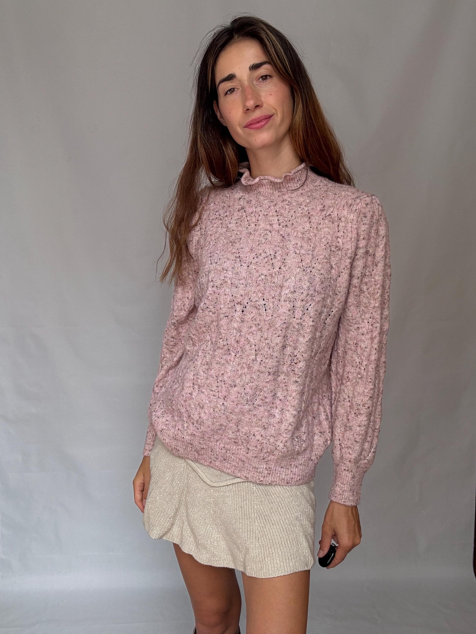 Soft Girl Vintage Knit | Pink Speckled Ruffle Collar Sweater | Romantic Cottagecore Grunge Aesthetic Jumper