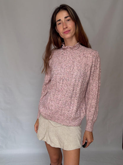 Pink Speckled Ruffle Collar Sweater — fabric close-up