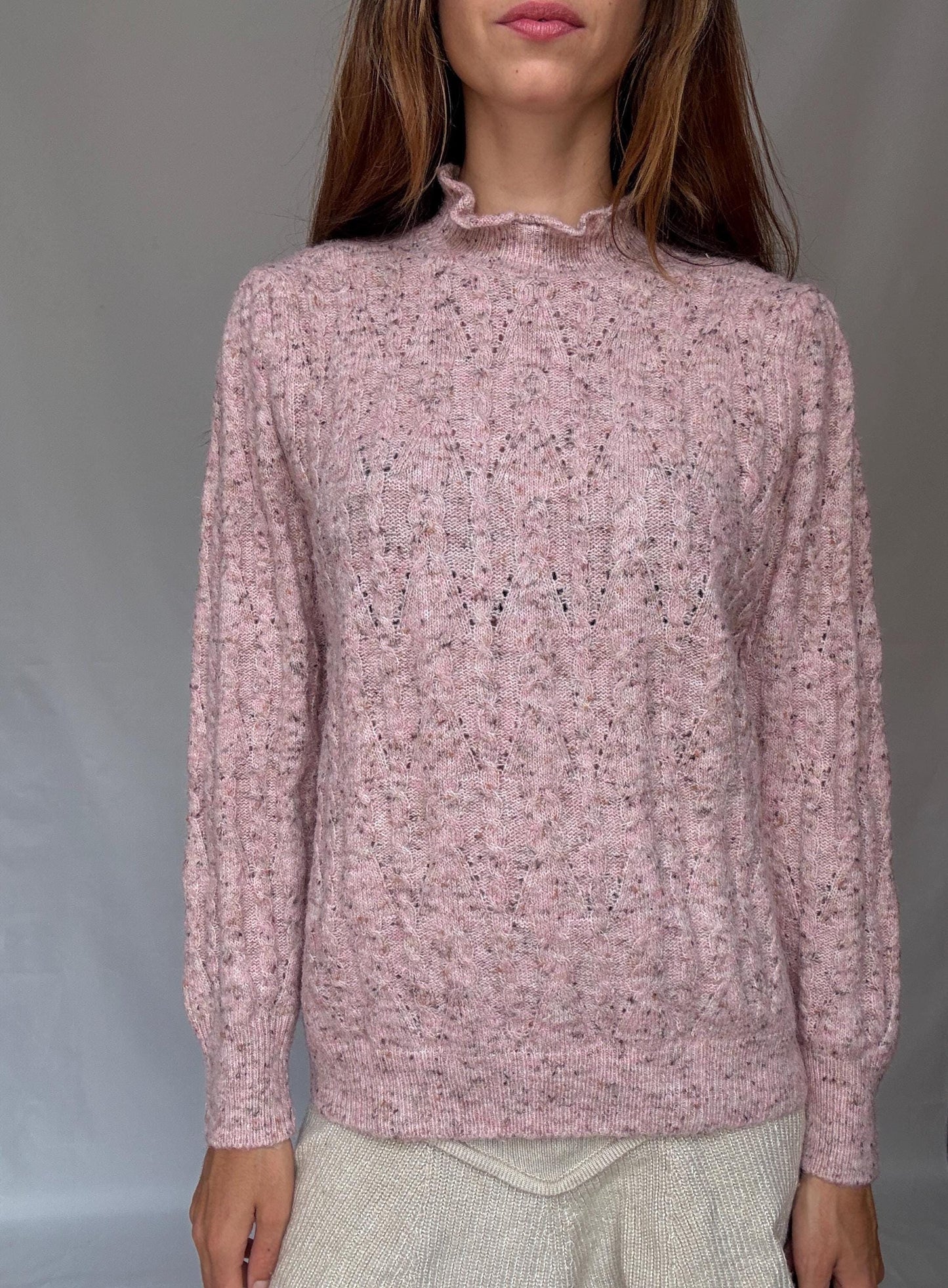 Soft Girl Vintage Knit | Pink Speckled Ruffle Collar Sweater | Romantic Cottagecore Grunge Aesthetic Jumper