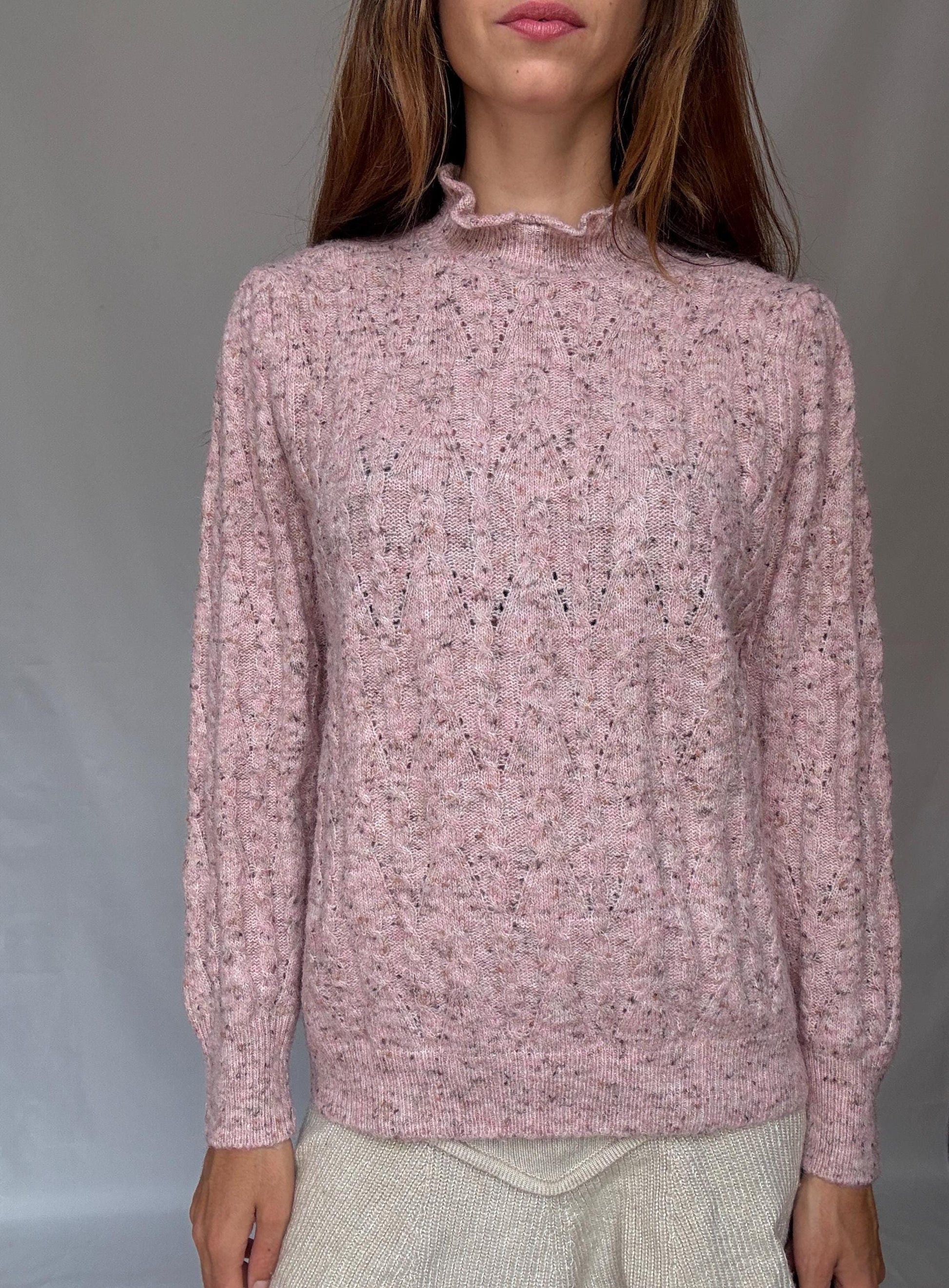 Soft Girl Vintage Knit | Pink Speckled Ruffle Collar Sweater | Romantic Cottagecore Grunge Aesthetic Jumper