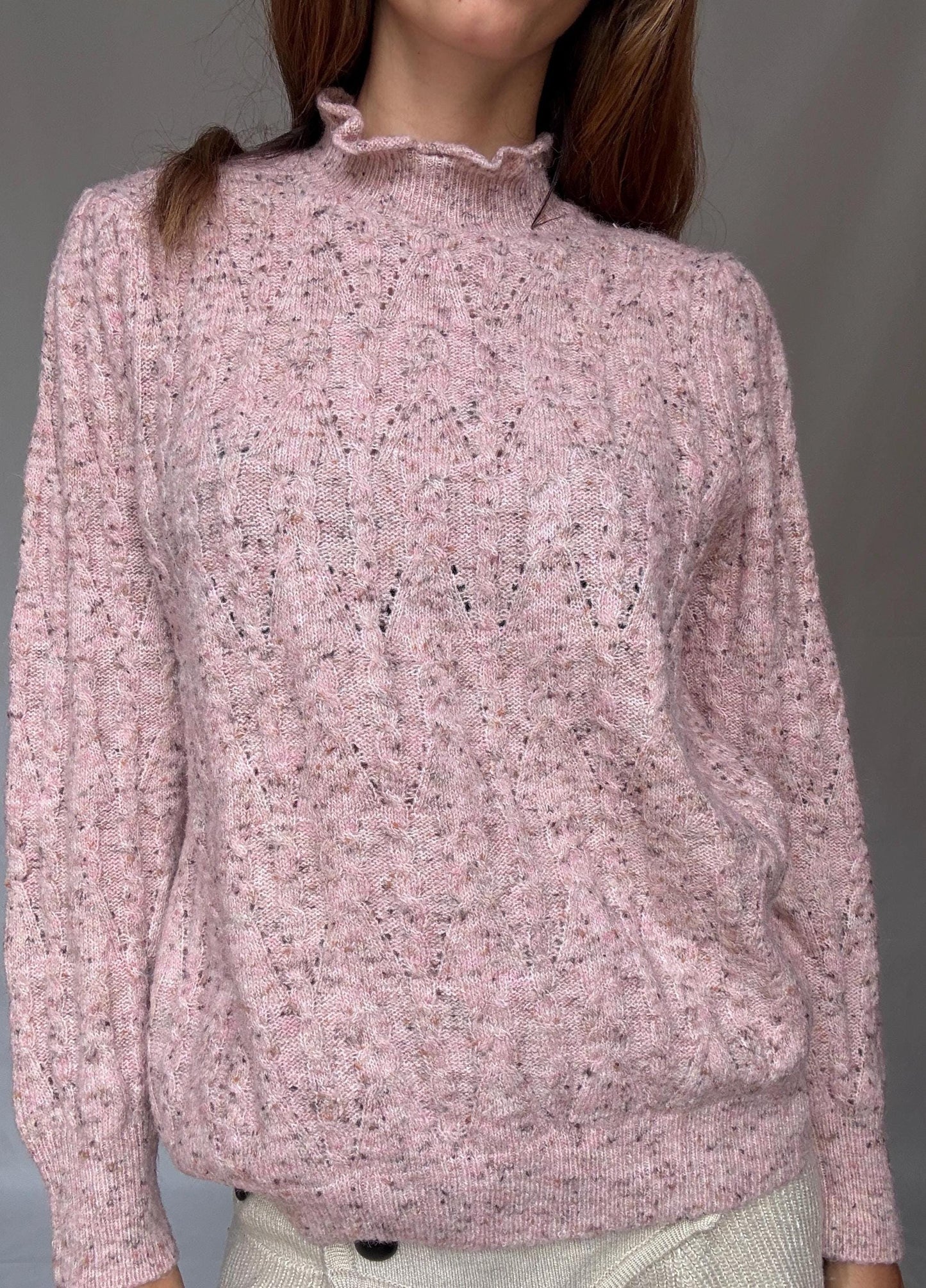 Soft Girl Vintage Knit | Pink Speckled Ruffle Collar Sweater | Romantic Cottagecore Grunge Aesthetic Jumper