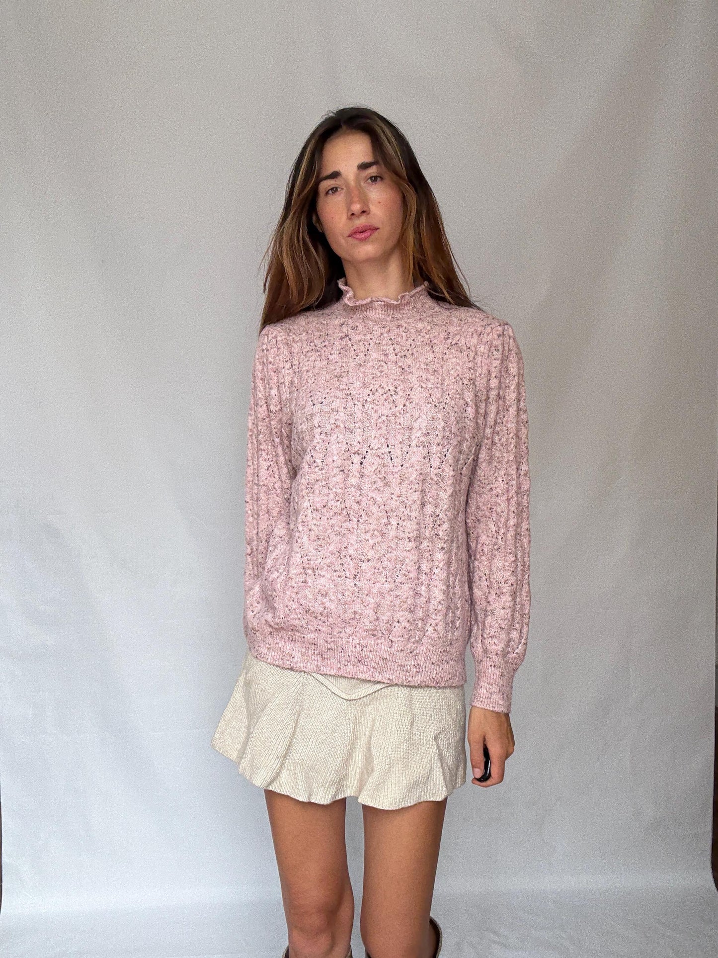 Soft Girl Vintage Knit | Pink Speckled Ruffle Collar Sweater | Romantic Cottagecore Grunge Aesthetic Jumper