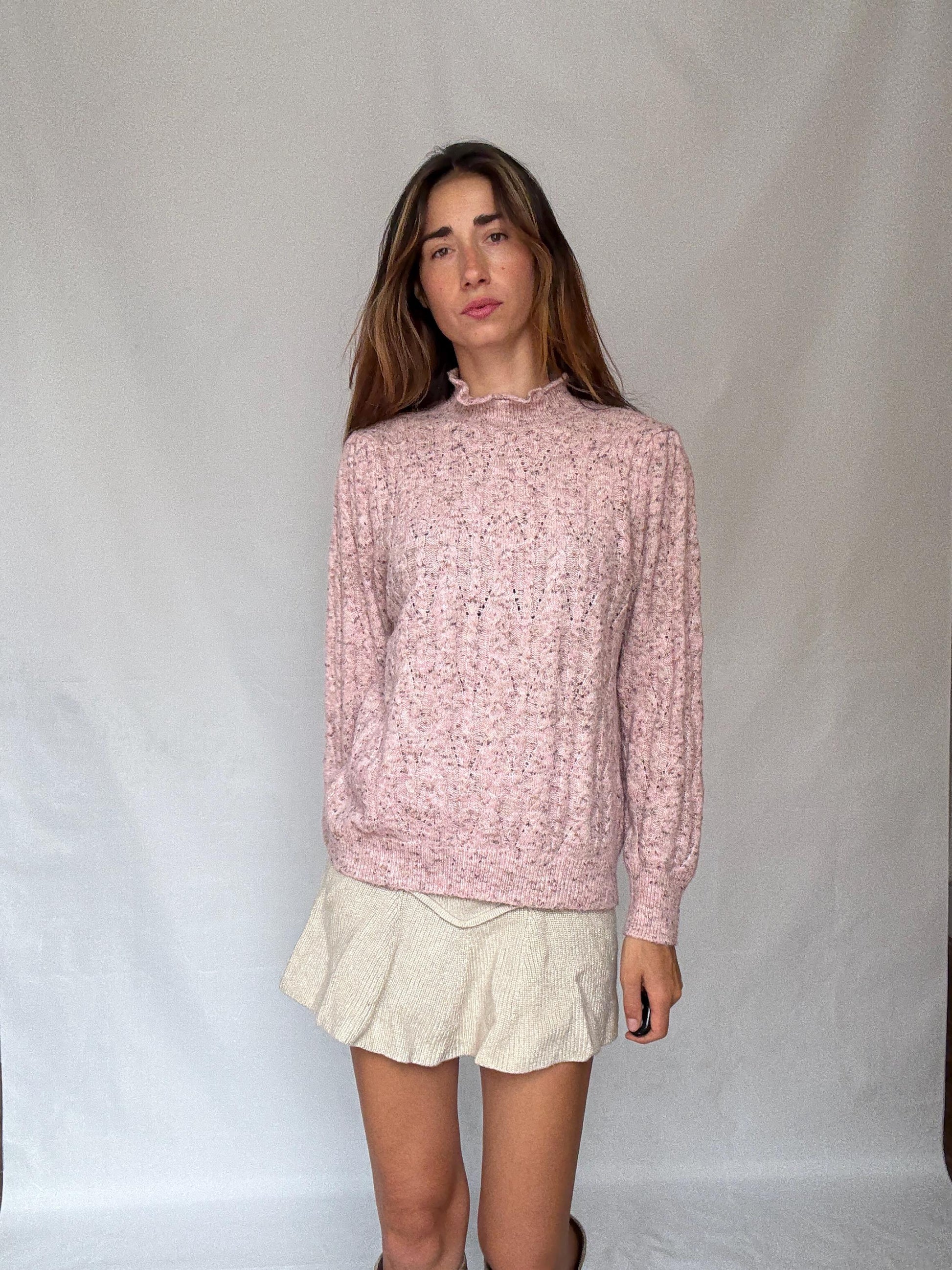 Soft Girl Vintage Knit | Pink Speckled Ruffle Collar Sweater | Romantic Cottagecore Grunge Aesthetic Jumper