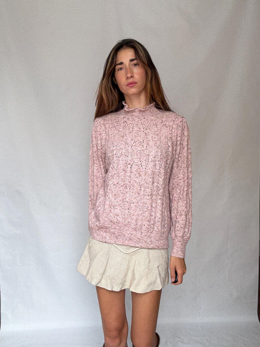 Soft Girl Vintage Knit | Pink Speckled Ruffle Collar Sweater | Romantic Cottagecore Grunge Aesthetic Jumper