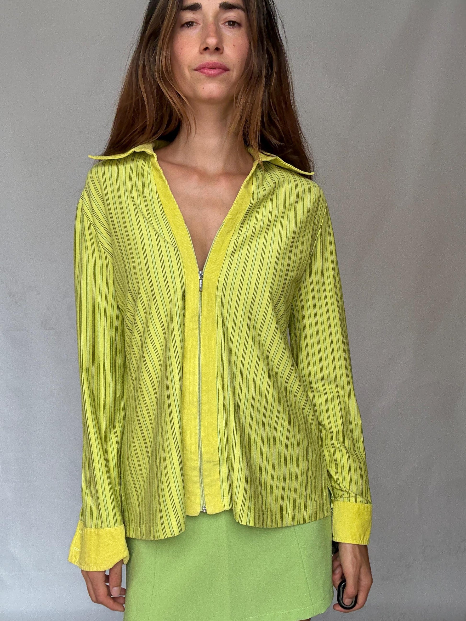 Y2K Lime Zip Shirt | Vintage Green Striped Zip-Up Blouse | 2000s Paris Hilton Meets Indie Sleaze Energy