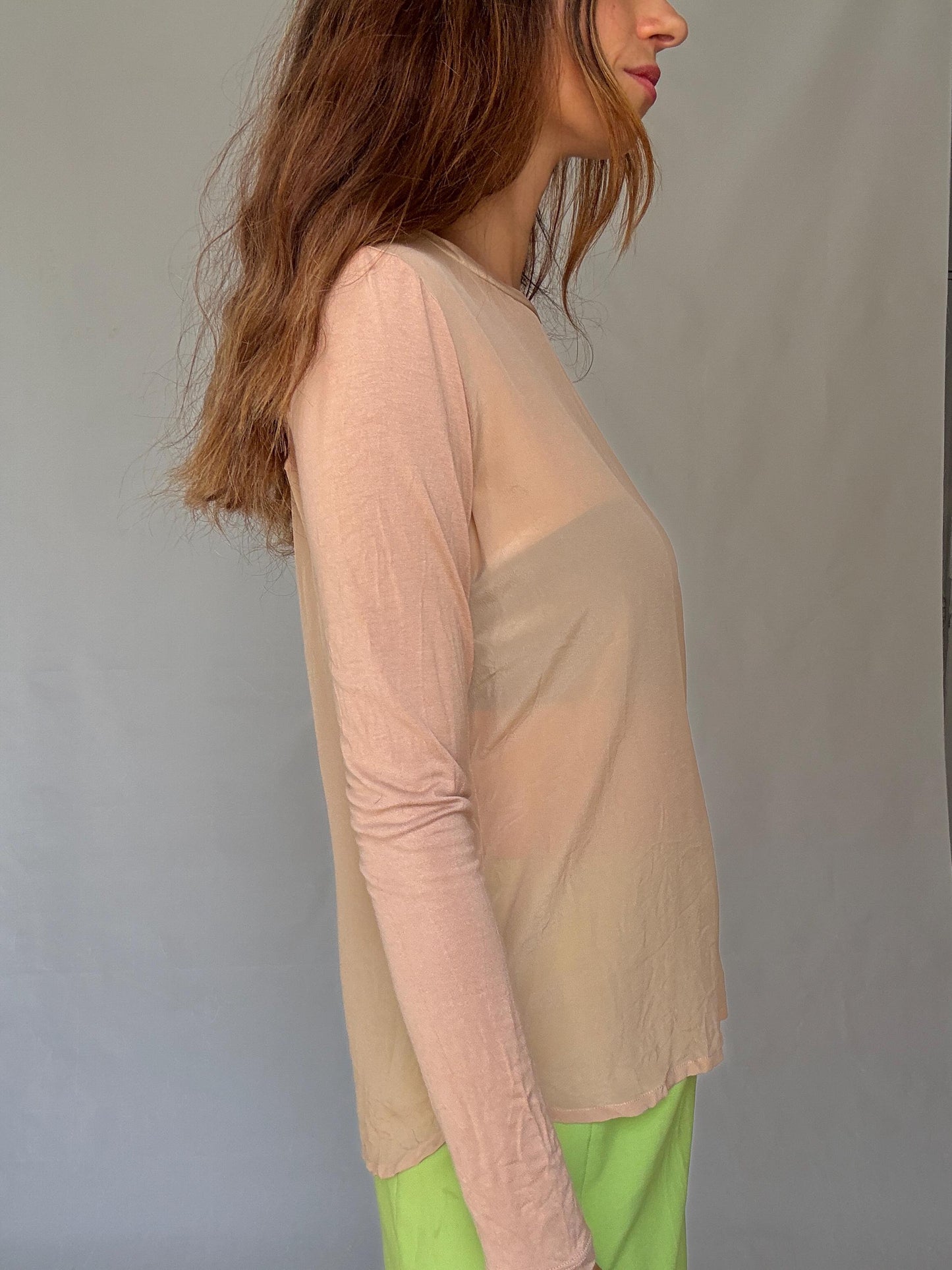 Sheer Nude Long Sleeve | Marella Vintage Designer Mesh Top | Earthy Y2K Minimalist Vibes