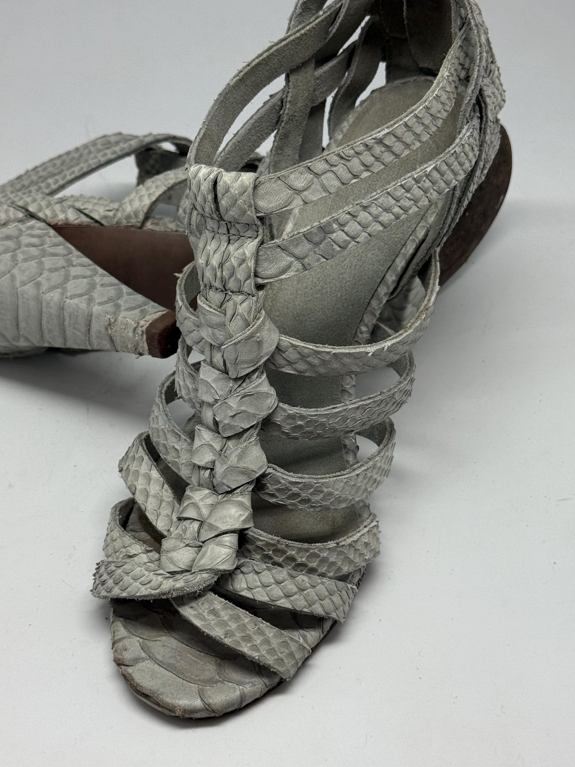 Grey Snakeskin Leather Heels — fabric close-up