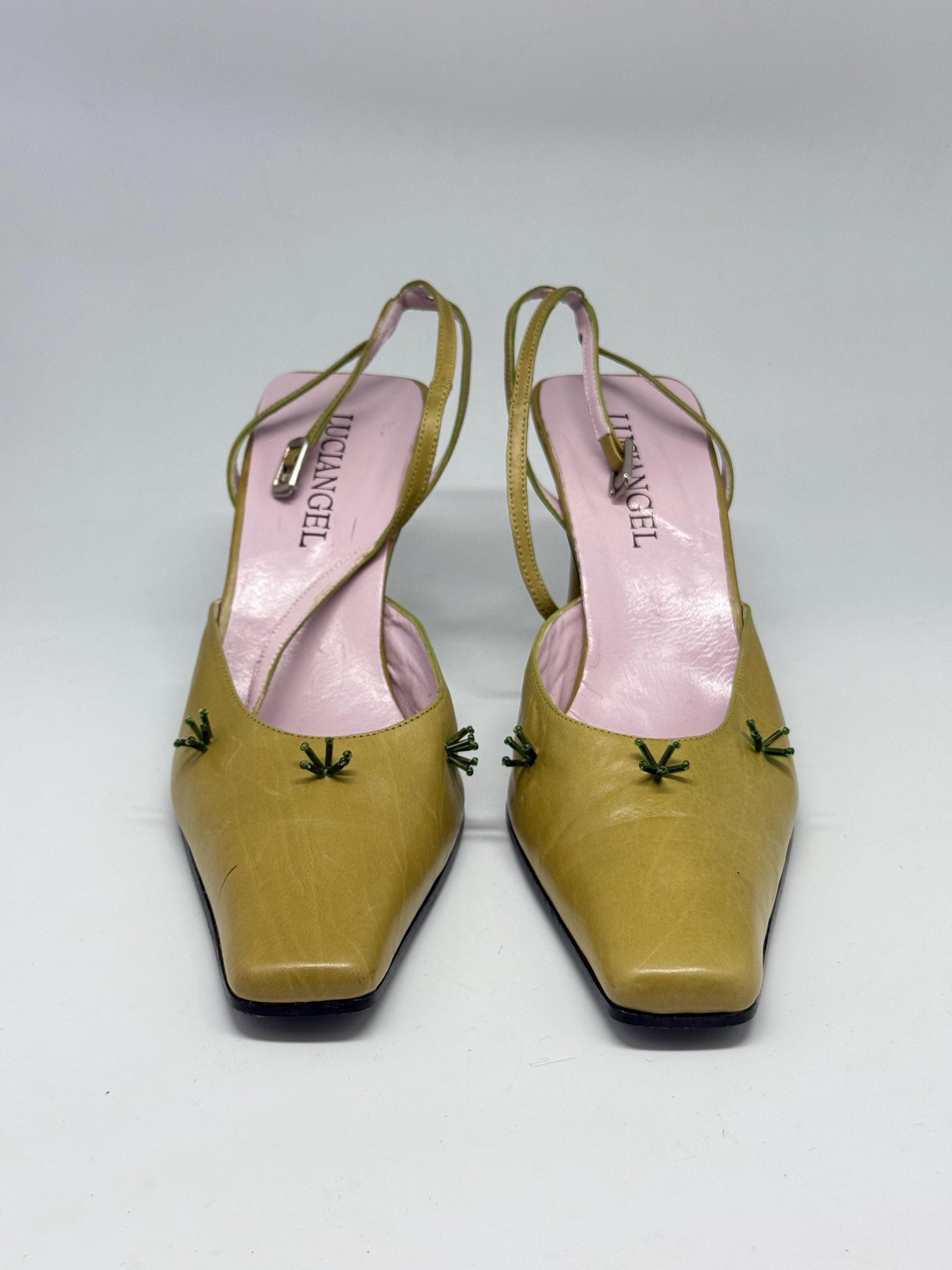 Damaged - Y2K vintage slingback heels – lime green leather – Luciangel Spain – size EU40 – 8cm heel – real leather square toe shoes