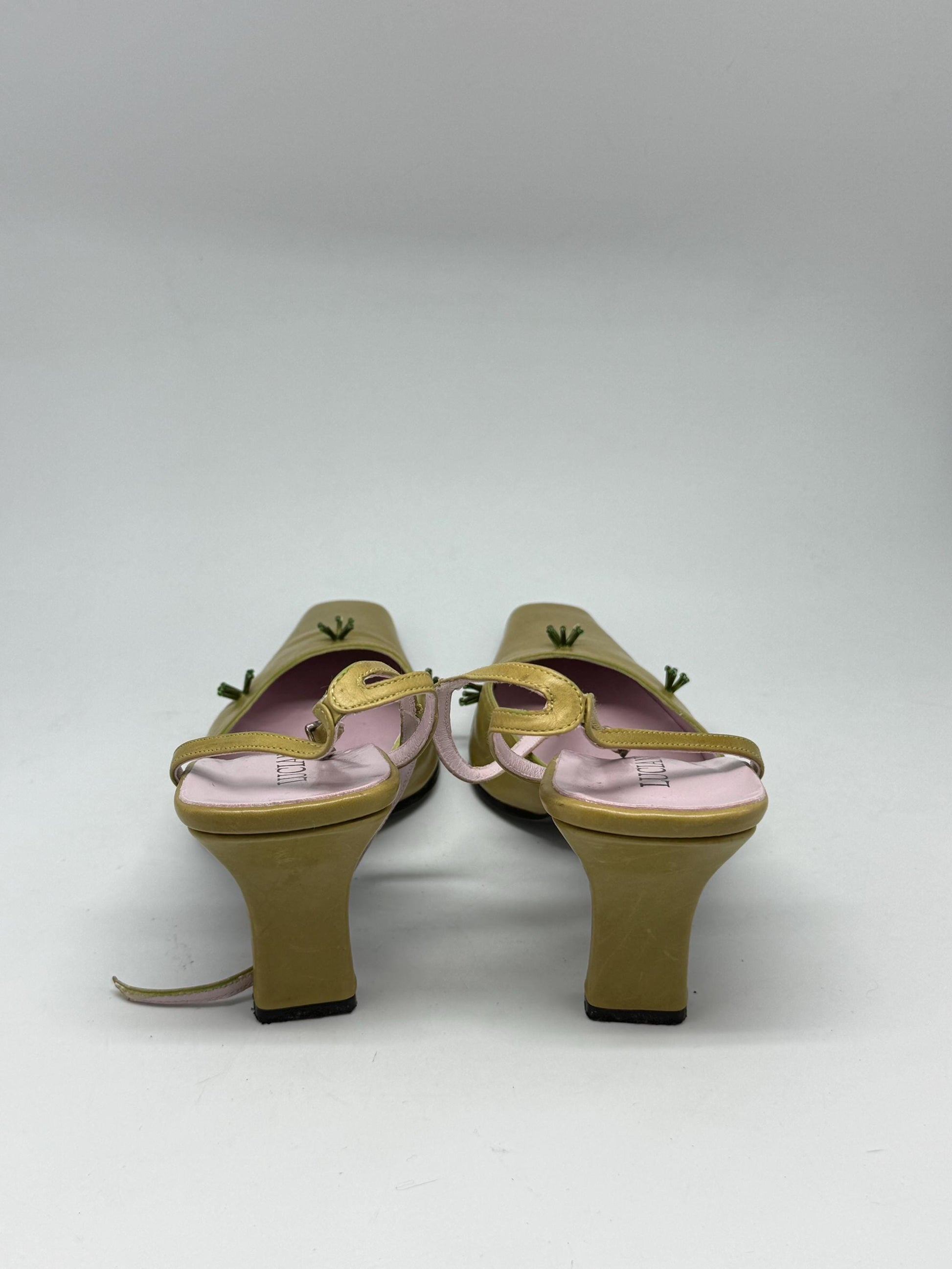Damaged - Y2K vintage slingback heels – lime green leather – Luciangel Spain – size EU40 – 8cm heel – real leather square toe shoes