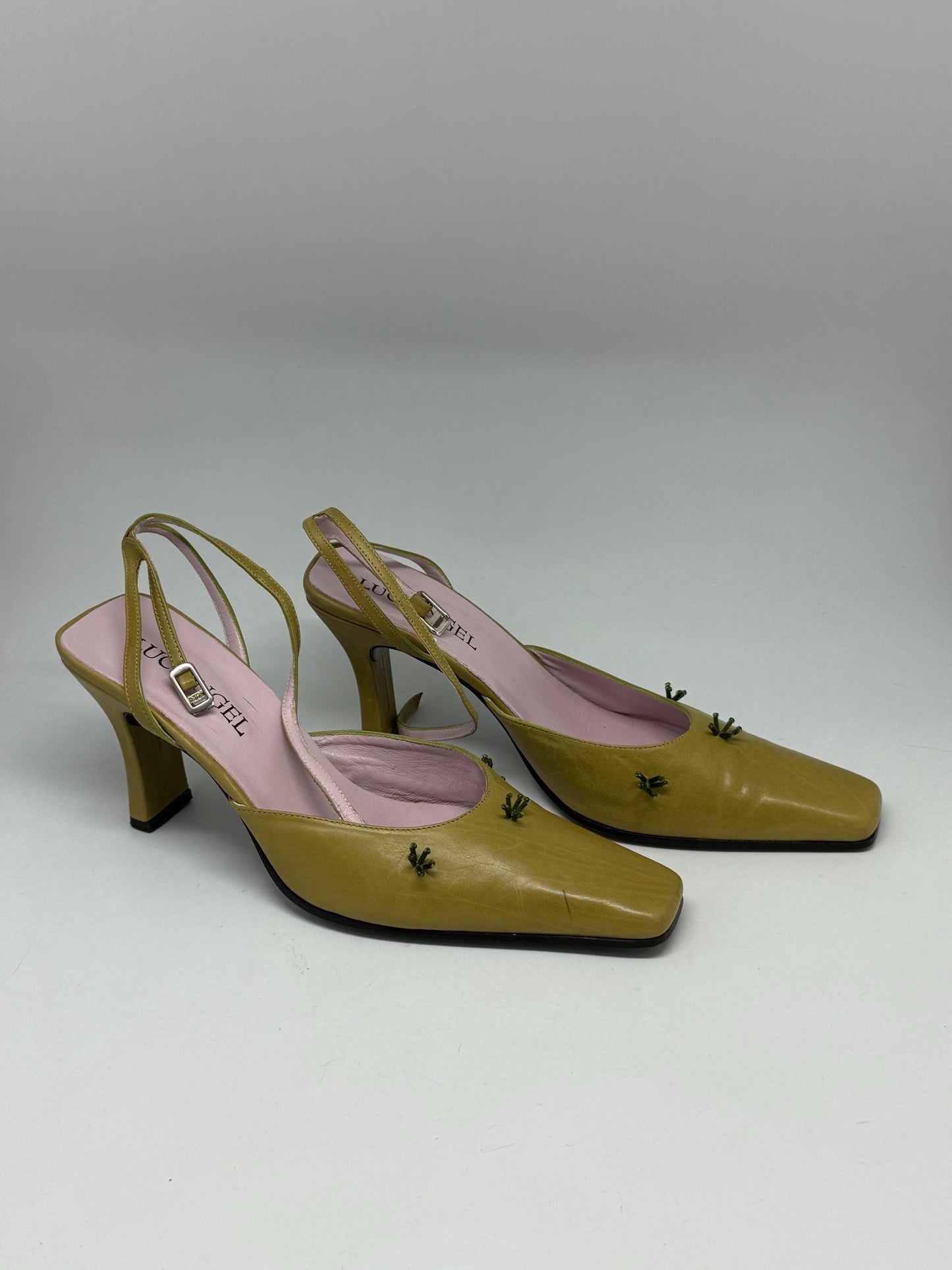 Damaged - Y2K vintage slingback heels – lime green leather – Luciangel Spain – size EU40 – 8cm heel – real leather square toe shoes