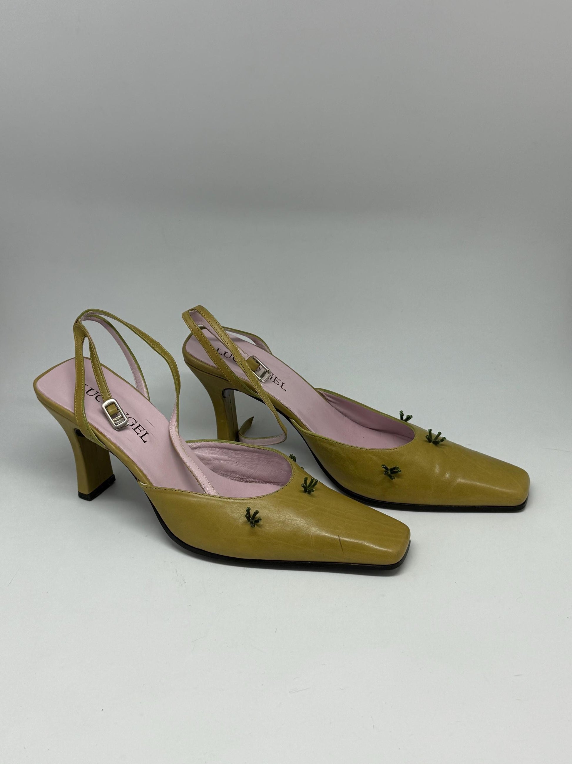 Damaged - Y2K vintage slingback heels – lime green leather – Luciangel Spain – size EU40 – 8cm heel – real leather square toe shoes