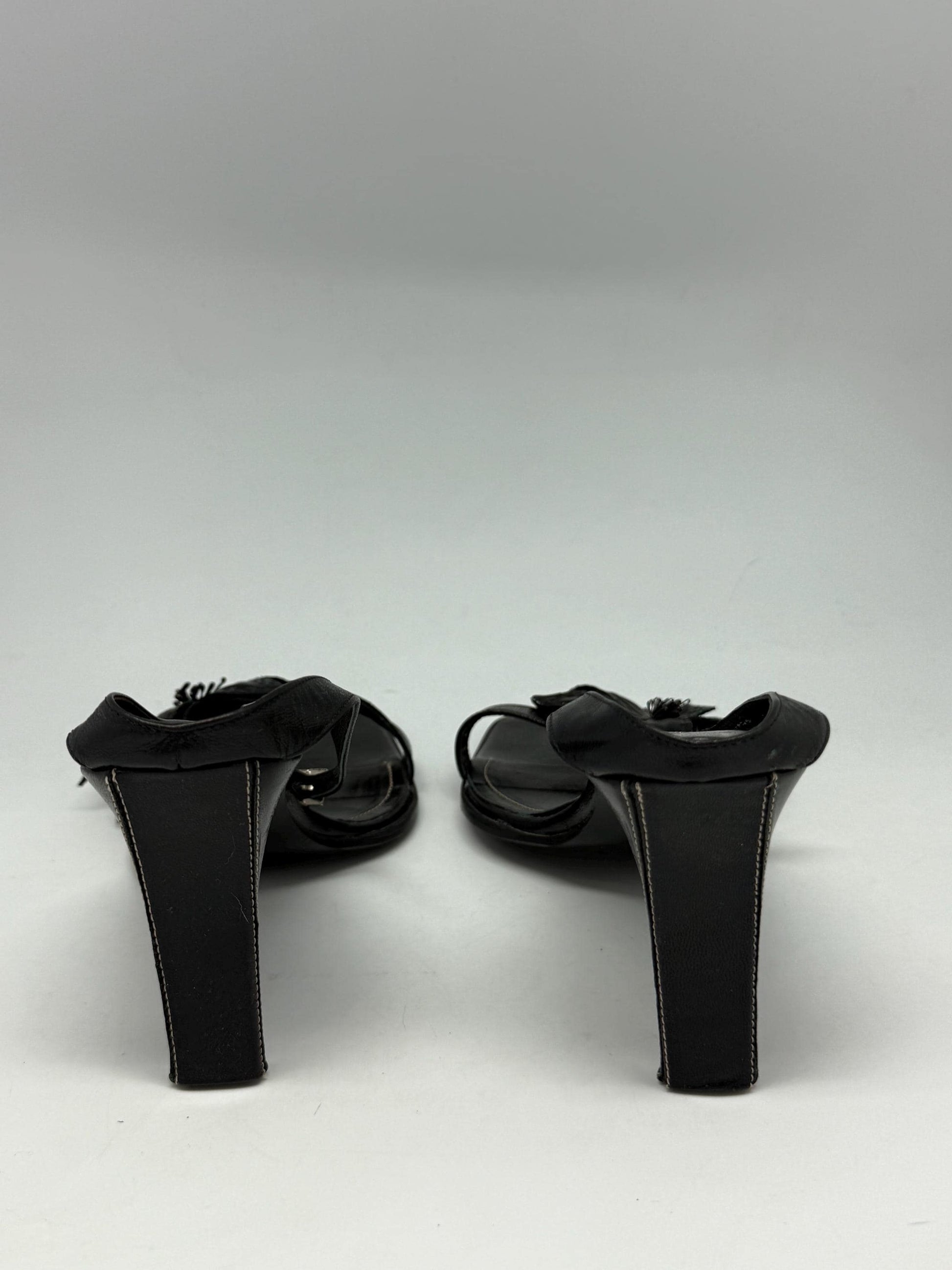 Y2K black leather flower heels – Fluxá Spain – real leather sandals – 9cm heel – size EU40 – square toe ankle strap shoes
