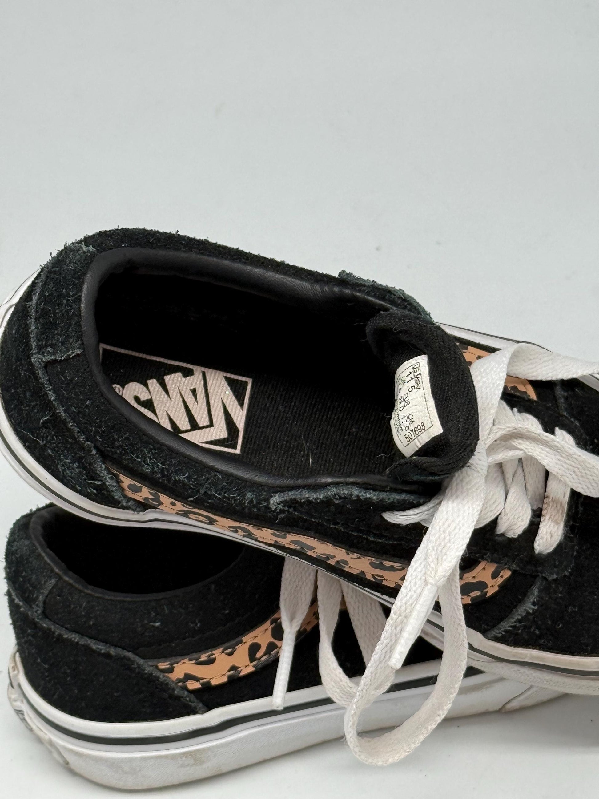 Vans Old Skool Kids Sneakers – US 11.5 – Leopard Print Side Stripe – Black Suede Trainers – Classic Skate Shoes – EU 28