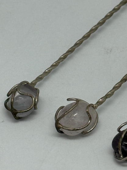 Vintage Silver Cocktail Spoons with Gemstone Ends — fabric close-up