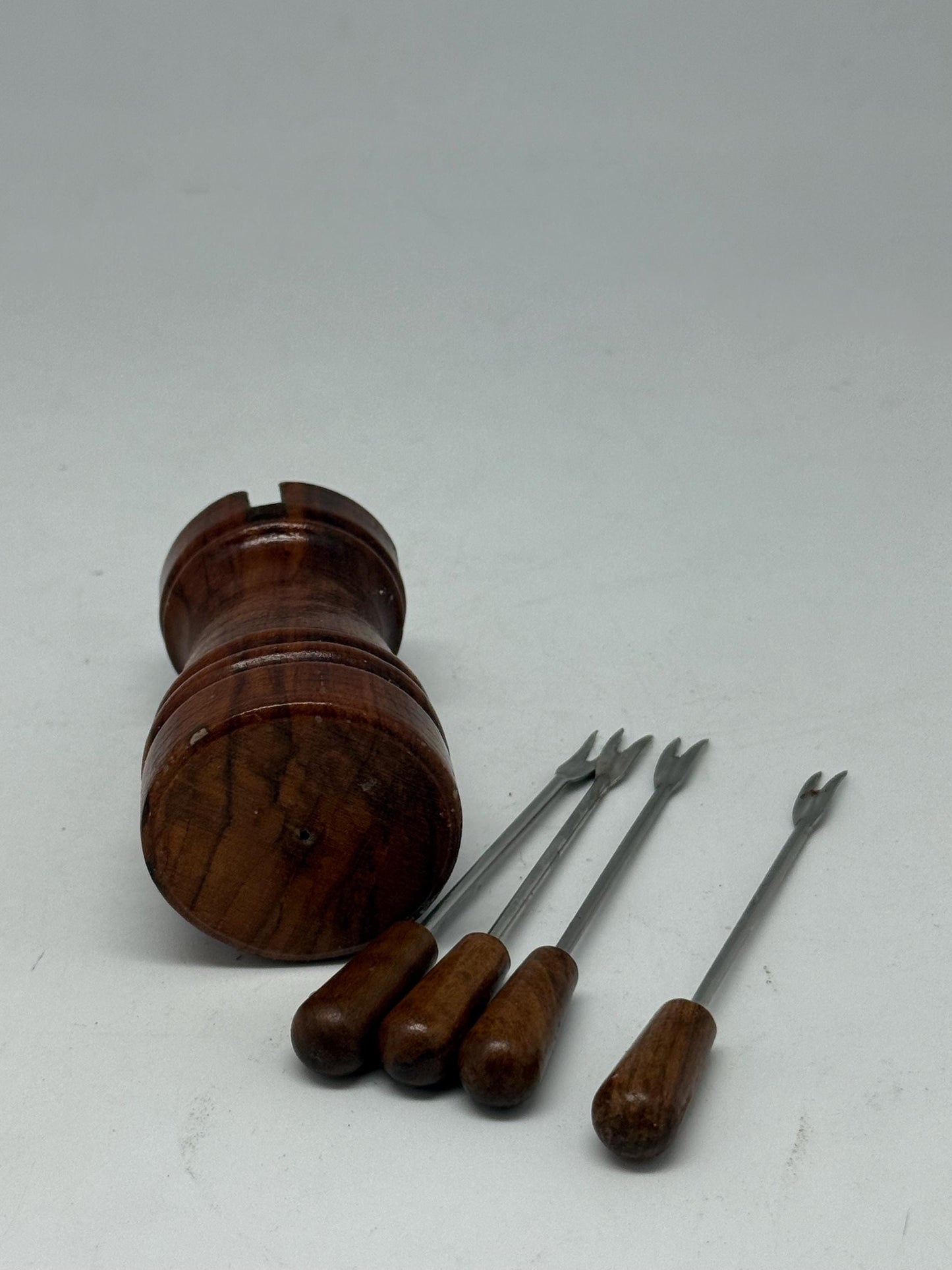 Vintage Mid-Century Fondue Fork Set with Solid Wood Holder | Retro Cheese Appetizer Picks | 7cm Skewers | Rustic Table Decor