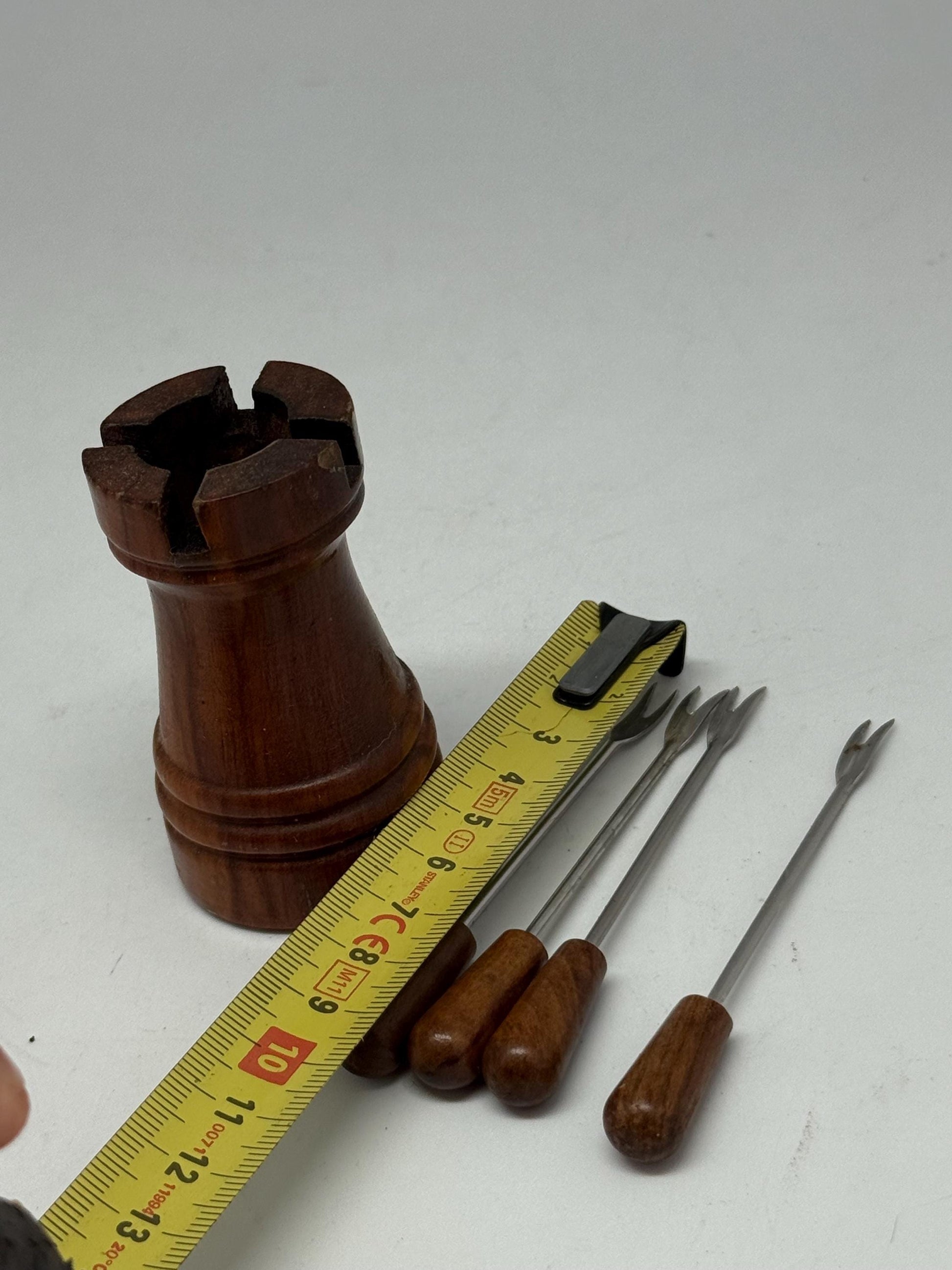 Vintage Mid-Century Fondue Fork Set with Solid Wood Holder | Retro Cheese Appetizer Picks | 7cm Skewers | Rustic Table Decor