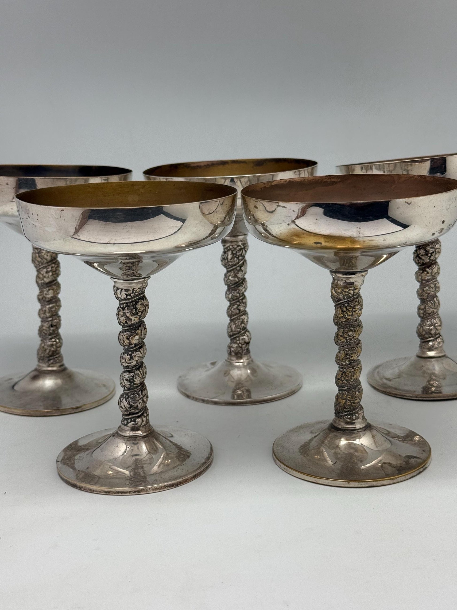 Vintage Silver Plated Brass Goblets – Set of 5 Champagne Coupes with Ornate Stems, Mid Century Barware, 14cm Tall