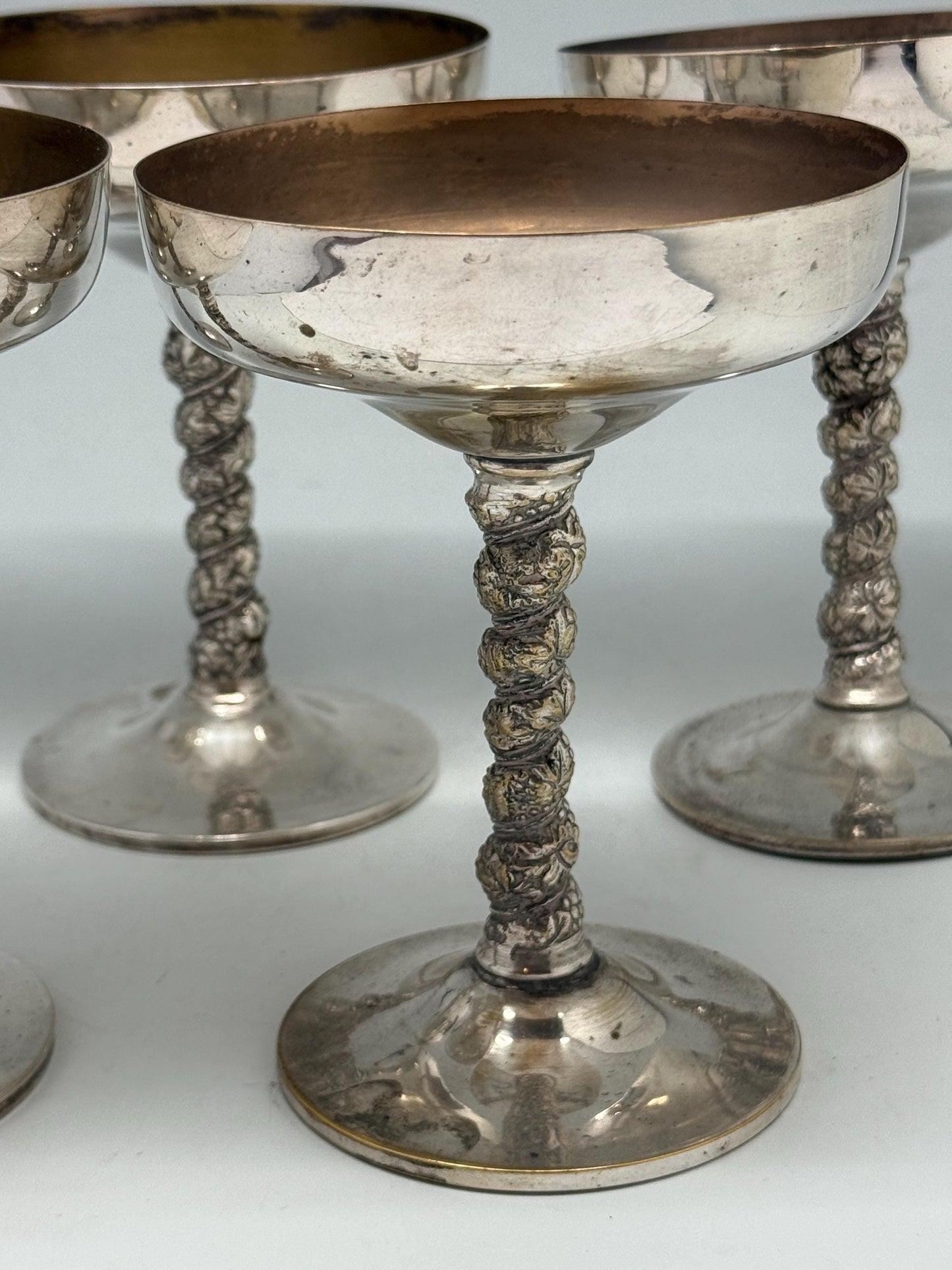 Vintage Silver Plated Brass Goblets – Set of 5 Champagne Coupes with Ornate Stems, Mid Century Barware, 14cm Tall