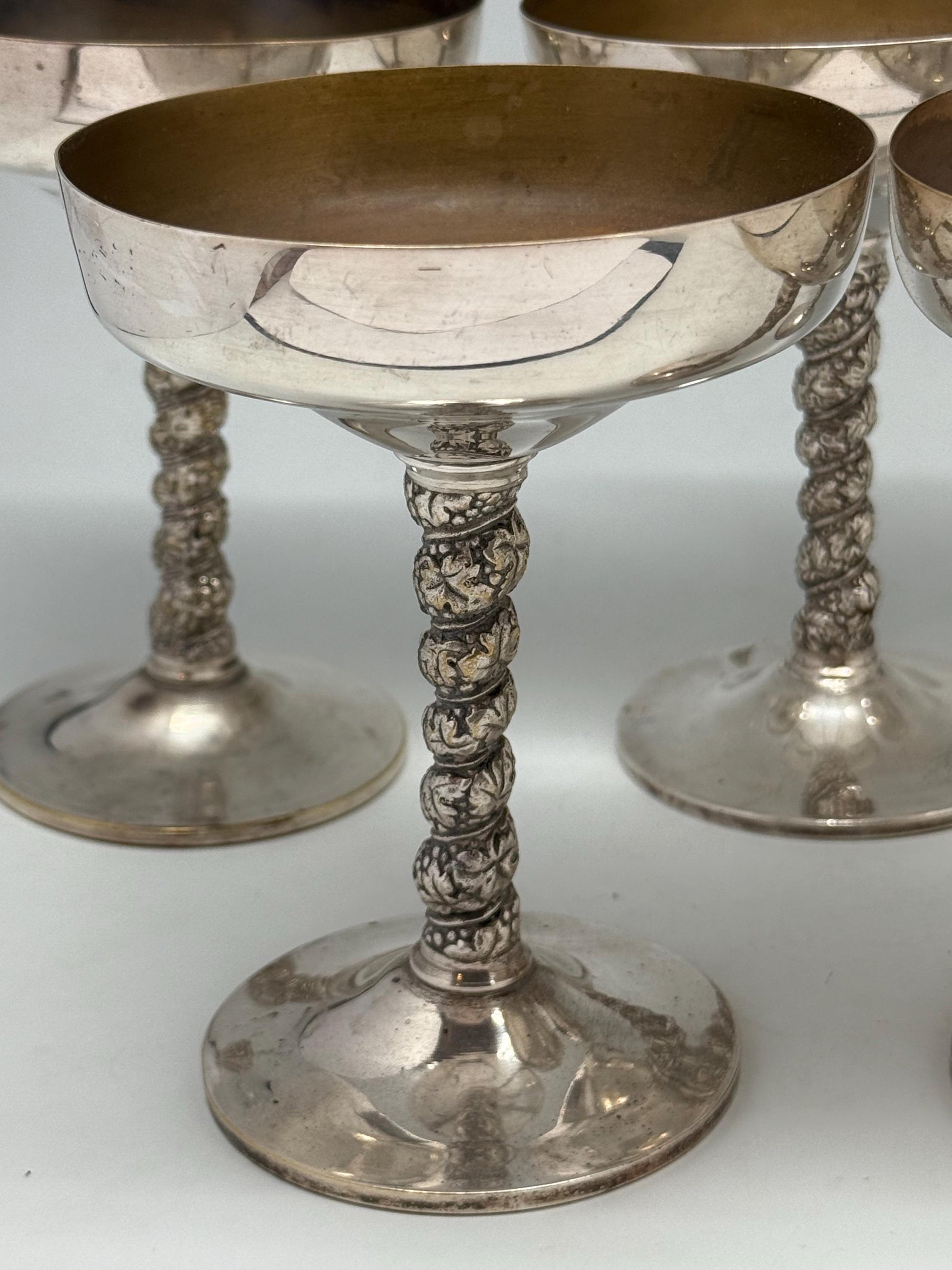 Vintage Silver Plated Brass Goblets – Set of 5 Champagne Coupes with Ornate Stems, Mid Century Barware, 14cm Tall