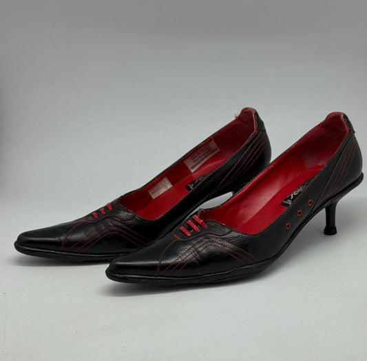 Rare Y2K pointed toe heels – black red oxford style – real leather – size EU38 – made in Spain – retro lace up kitten heels