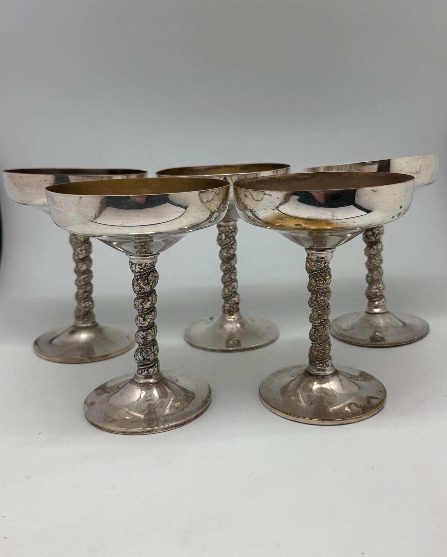 Vintage Silver Plated Brass Goblets – Set of 5 Champagne Coupes with Ornate Stems, Mid Century Barware, 14cm Tall