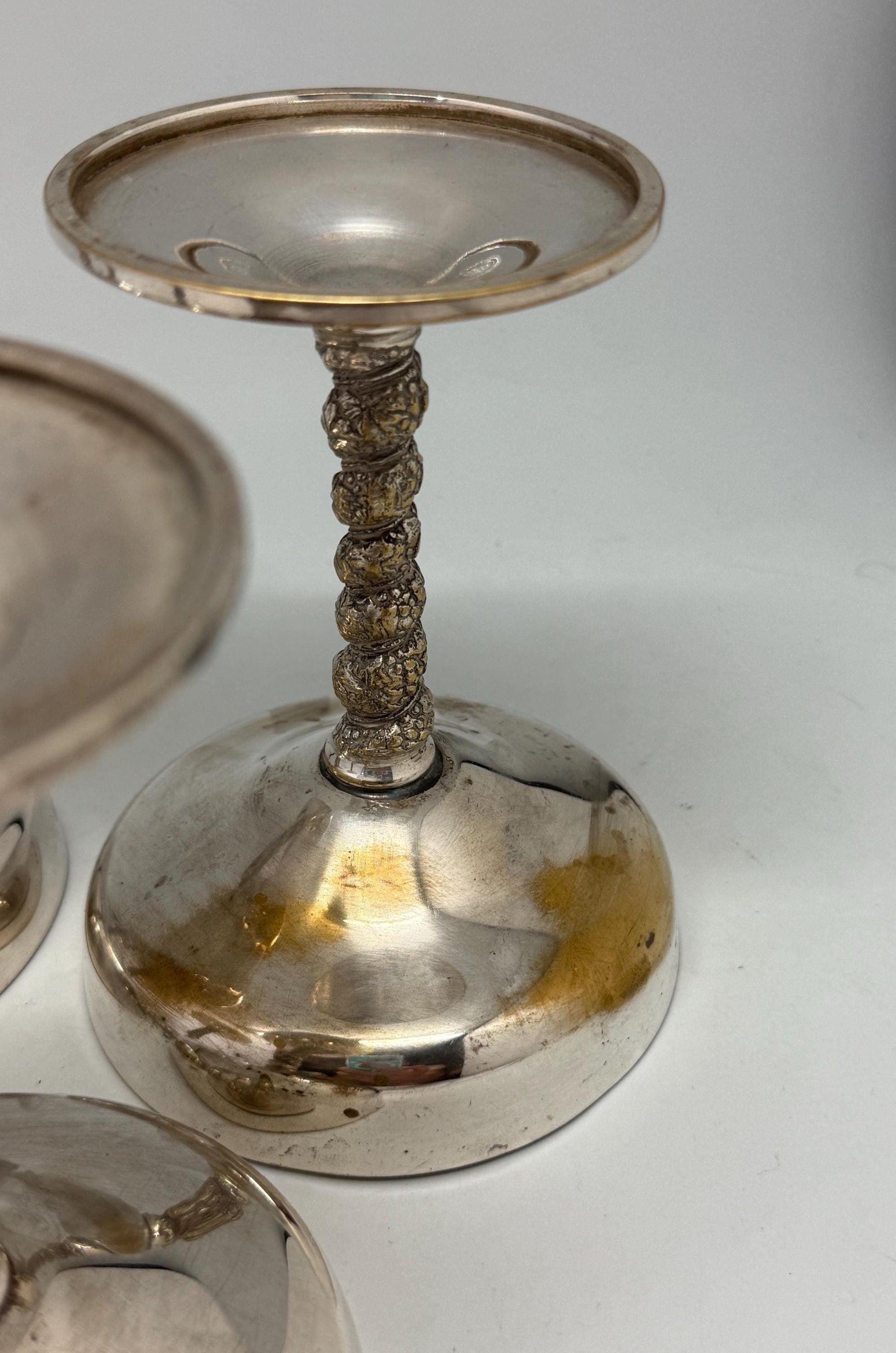 Vintage Silver Plated Brass Goblets – Set of 5 Champagne Coupes with Ornate Stems, Mid Century Barware, 14cm Tall