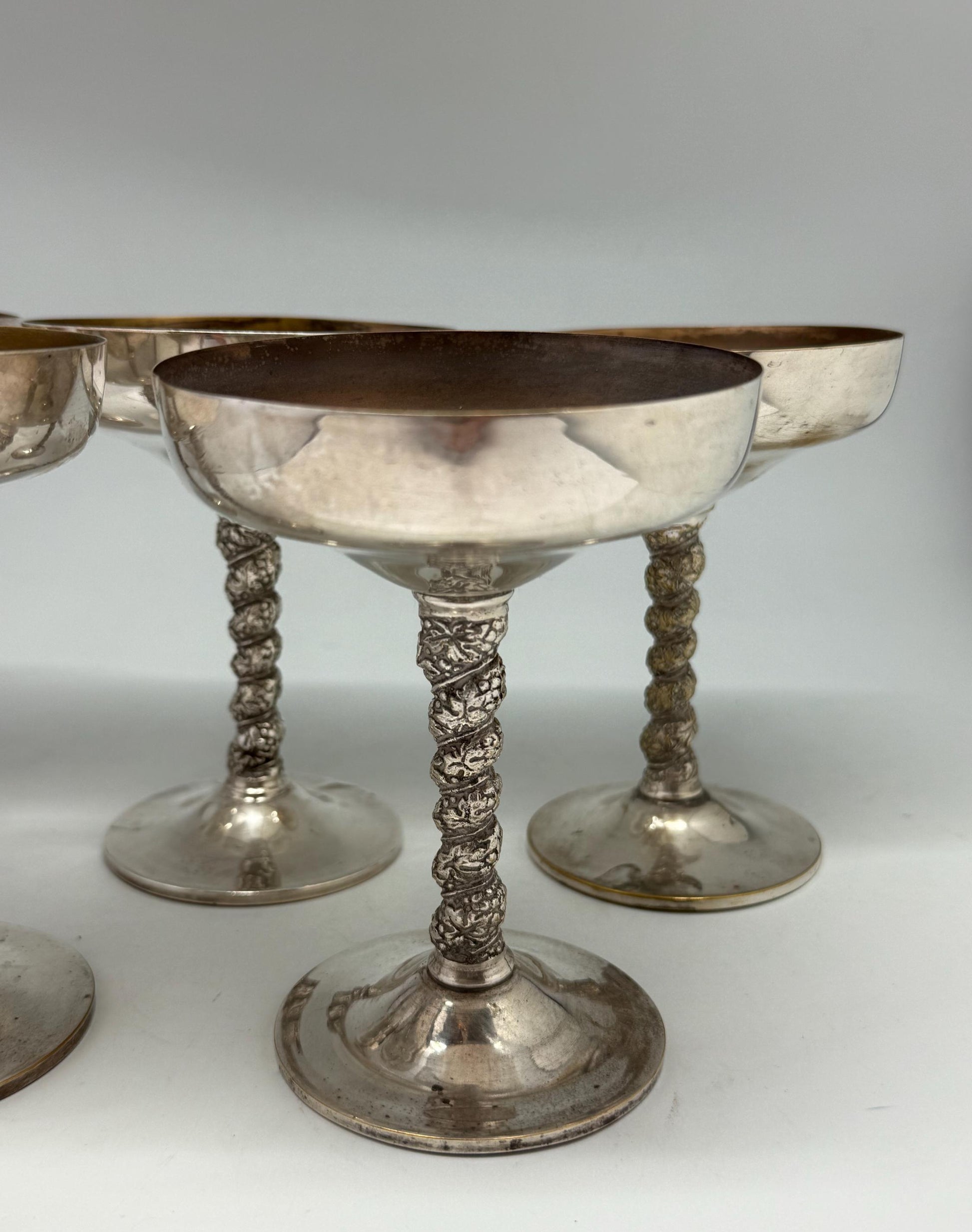 Vintage Silver Plated Brass Goblets – Set of 5 Champagne Coupes with Ornate Stems, Mid Century Barware, 14cm Tall