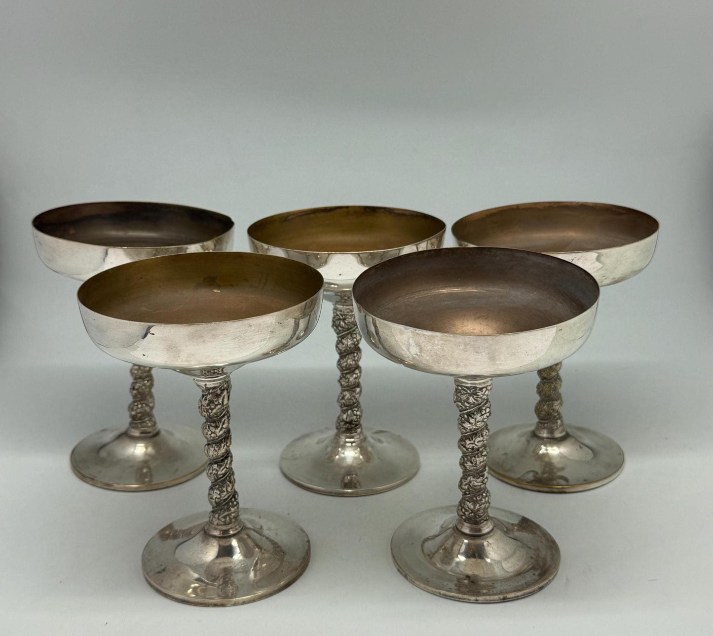 Vintage Silver Plated Brass Goblets – Set of 5 Champagne Coupes with Ornate Stems, Mid Century Barware, 14cm Tall
